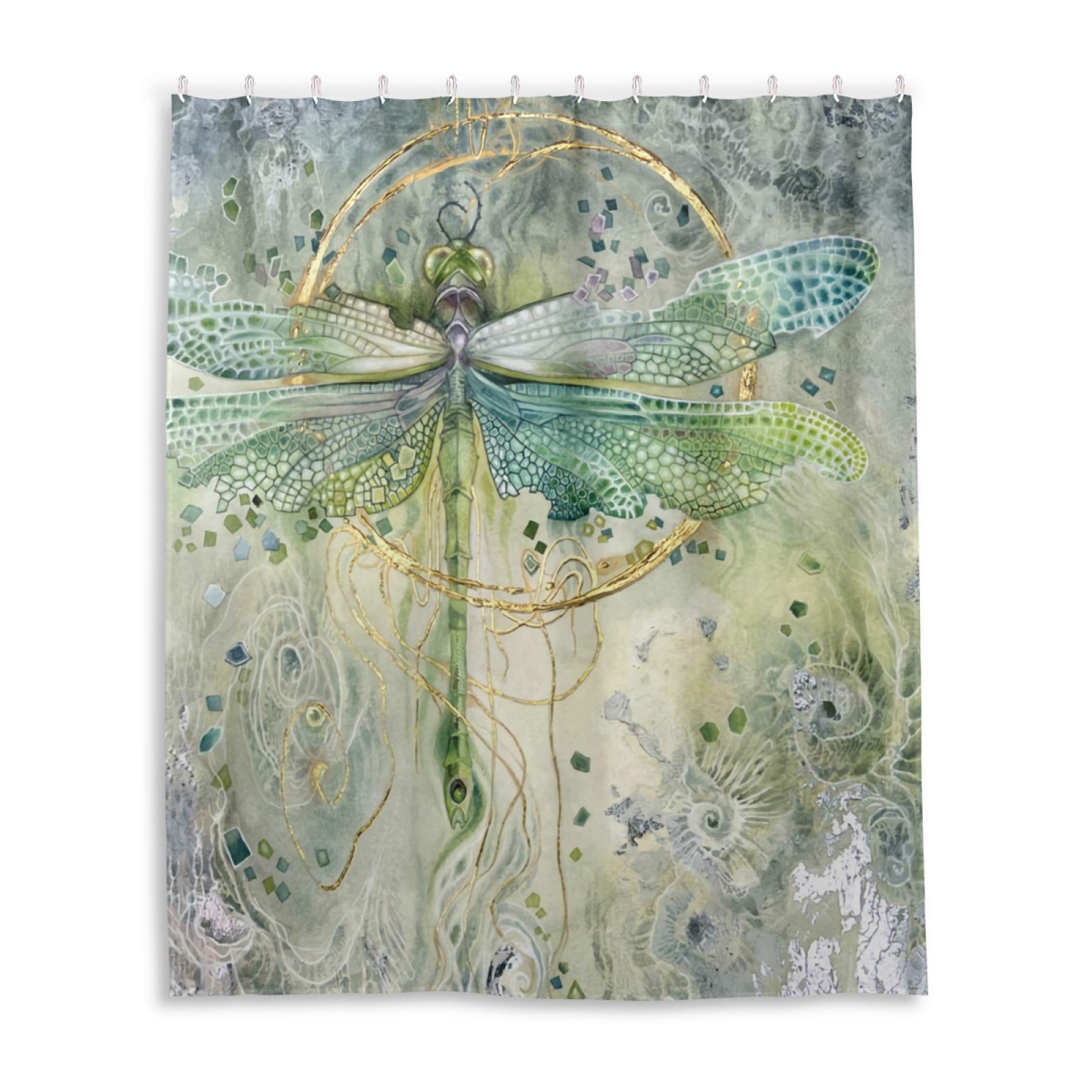 Waterproof Fabric Dragonfly Shower Curtain Set with 12 Hooks - 60x72 Inch Bathroom Decor for Modern, Vintage or Bohemian Style Homes - Perfect for Bathroom, Guest Room or Dormitory Decor