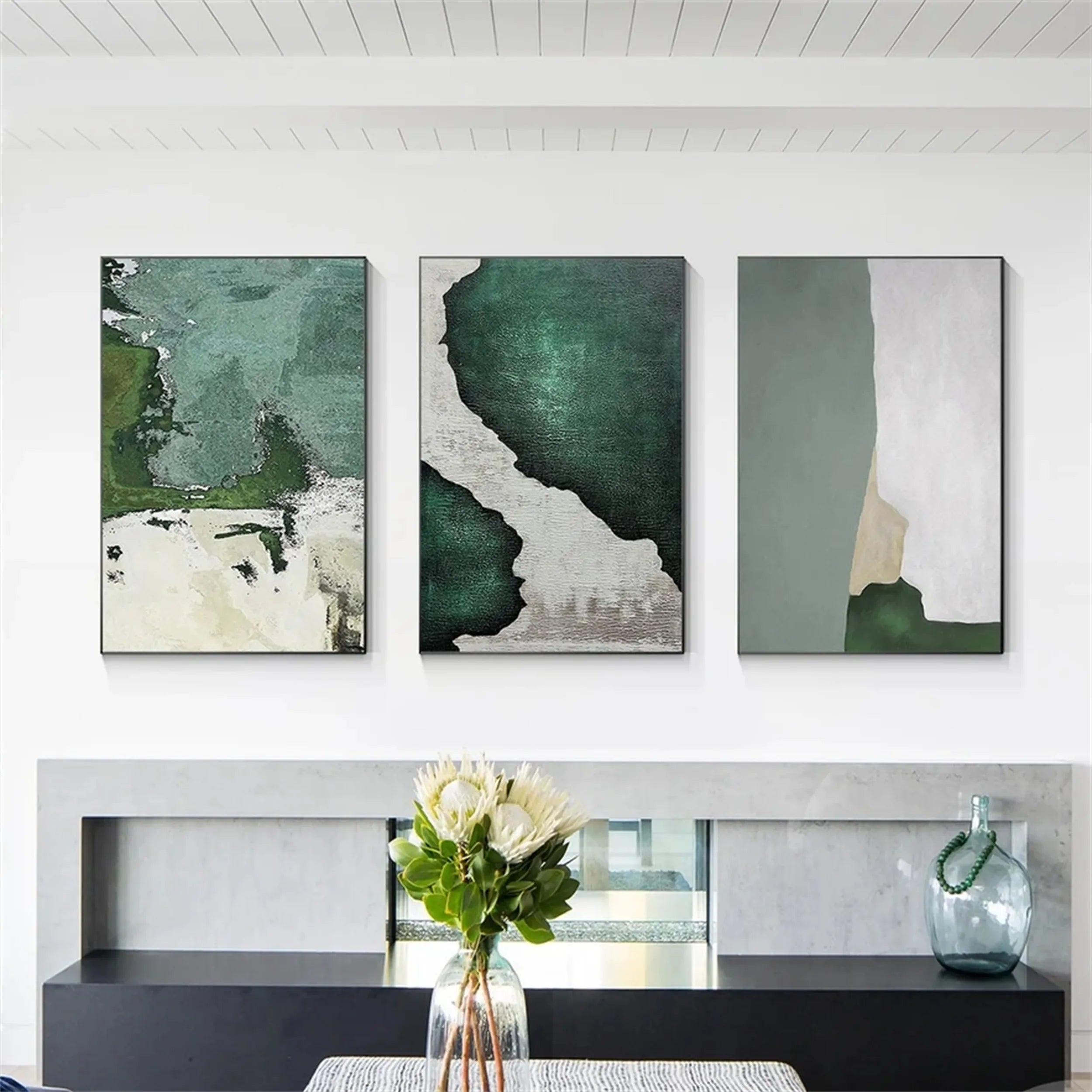 Blue & Green Abstract Wall Art Set of 3 Paintings - Modern Canvas Prints for Living Room, Bedroom & Office Decor | BG081