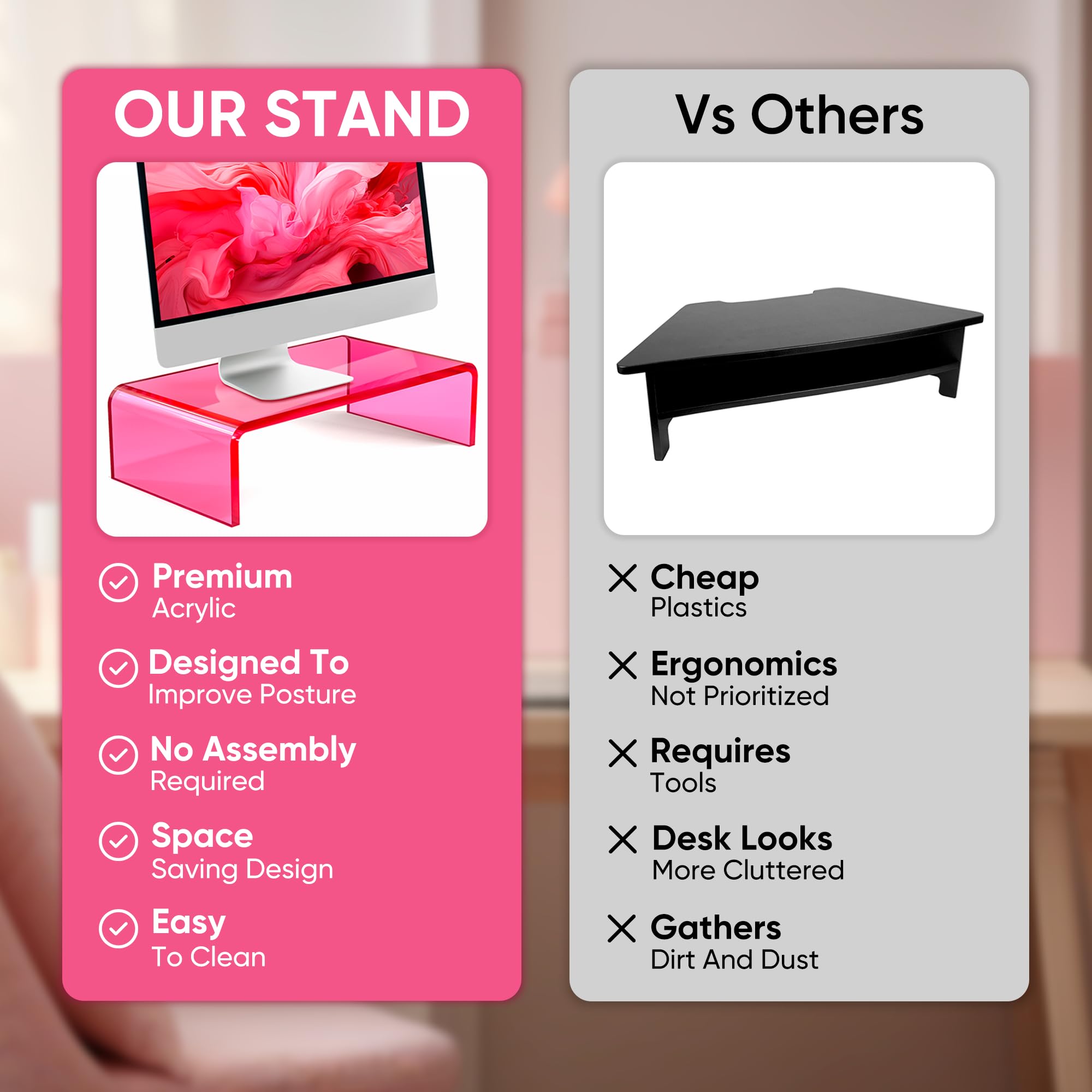NovaMode Acrylic Monitor Stand - Ergonomic Laptop & Computer Riser for Better Posture, Modern Desk Organizer with Storage Space - Bright Pink - Perfect for Home Office, Gaming Setup & Workspace Organization