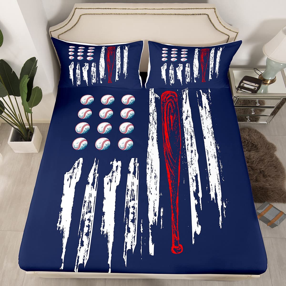 Castle Fairy Baseball Printed Kids Bed Sheets Set - 3 Piece American Flag Sports Theme Twin Size with Deep Pocket Fitted Sheet & Retro Flat Sheet + Pillow Sham - Perfect for Boys' Room Decor, Game Day Themed Bedding, and Sports Lover Gifts
