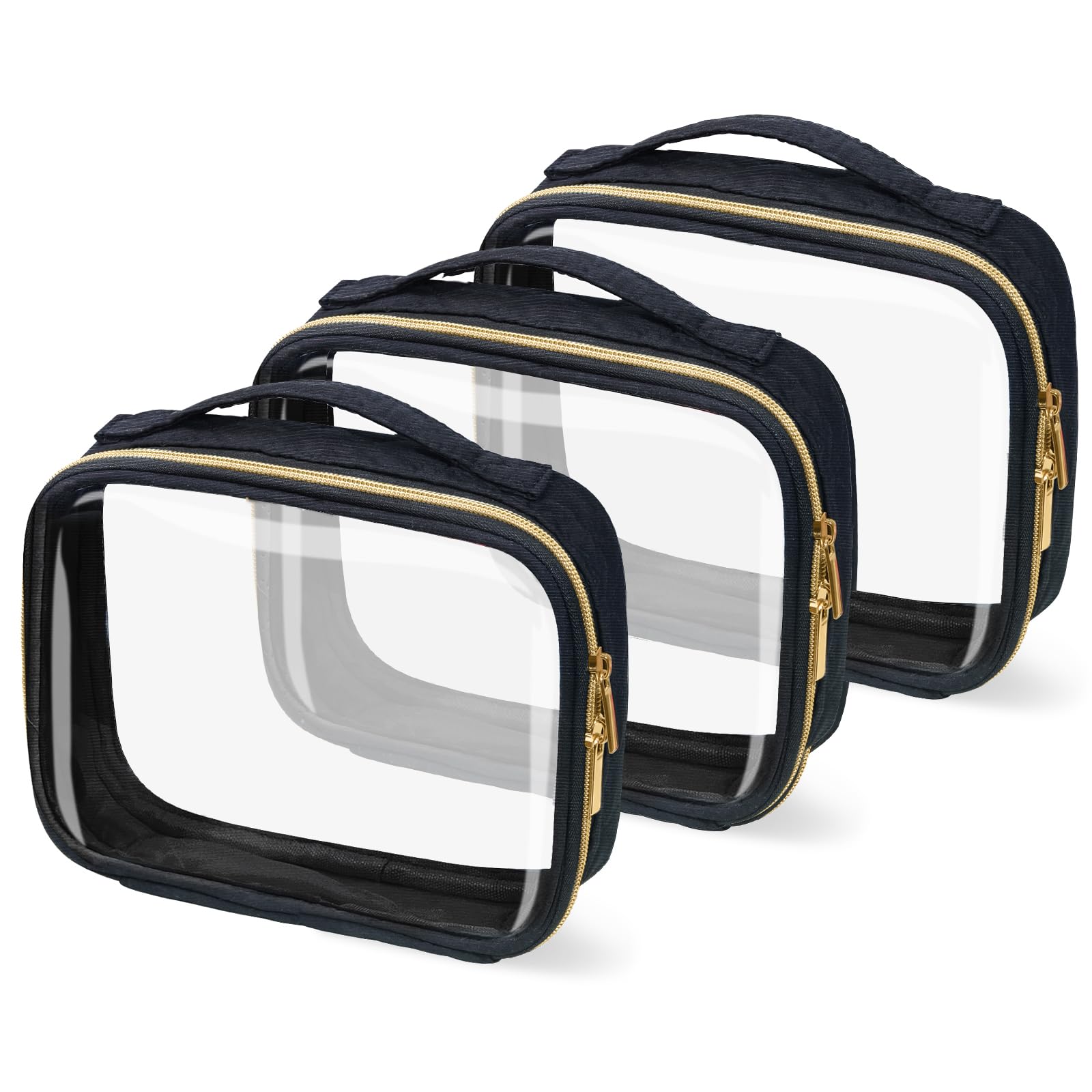 TSA Approved 3-Pack Clear Travel Toiletry Bags with Handles - Quart Size Leakproof Cosmetic Organizer for Women & Men - Airplane Carry-On Compliant (Black) - Perfect for Airport Security & Weekend Getaways