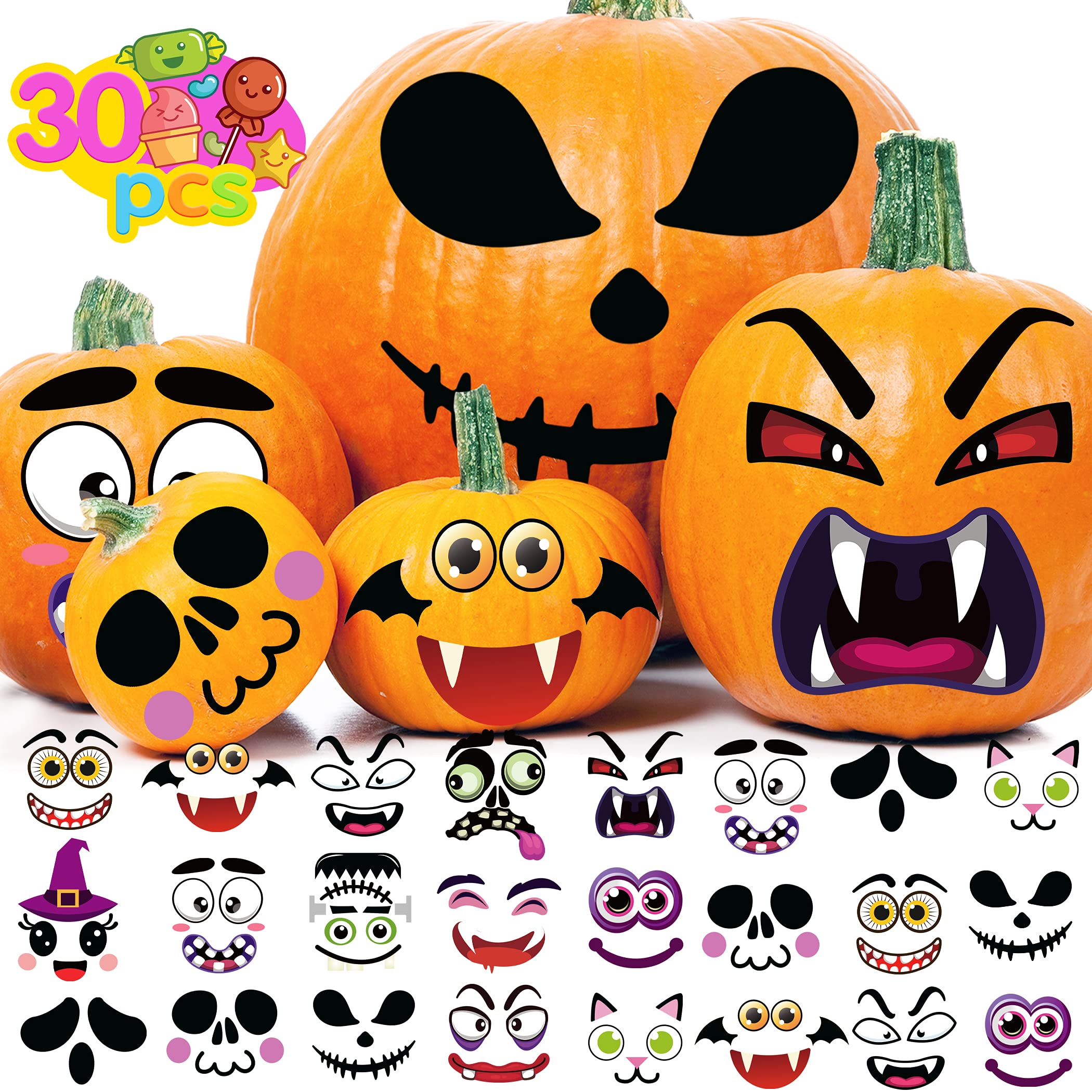 Halloween Pumpkin Decorating Stickers - 30 Sheets of Pumpkin Face Stickers for Jack O'Lanterns, Kids Halloween Party Favors & DIY Pumpkin Carving - Perfect for Classroom Activities, Trick-or-Treat Decor & Spooky Party Supplies