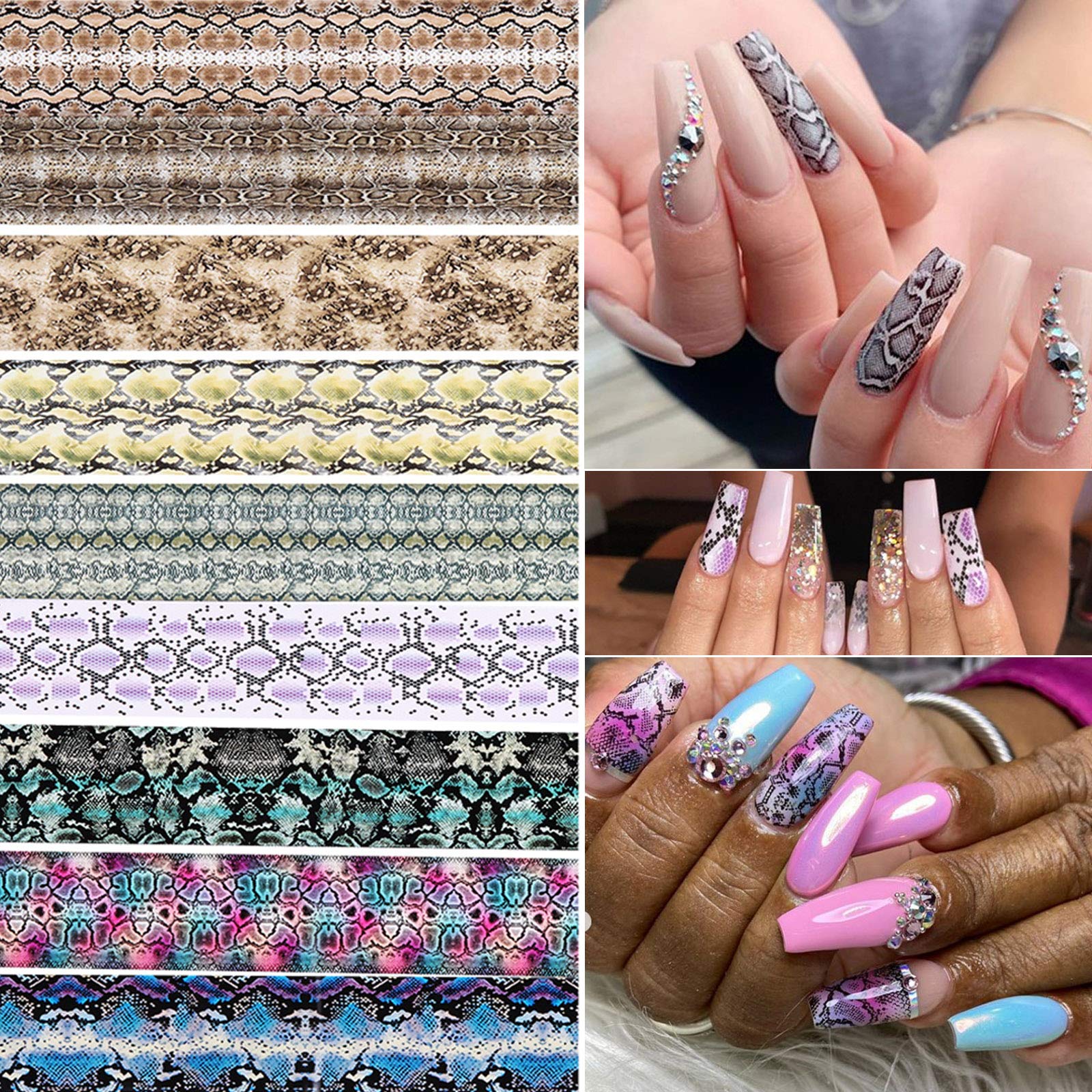 Holographic Snake Nail Foil Transfer Stickers - 10 Sheets Laser Nail Art Decals for Acrylic & Gel Manicures - Metallic Snake Print Nail Foils Design for Women & Girls - Perfect for Salon, Party, and Special Occasion Nail Decor