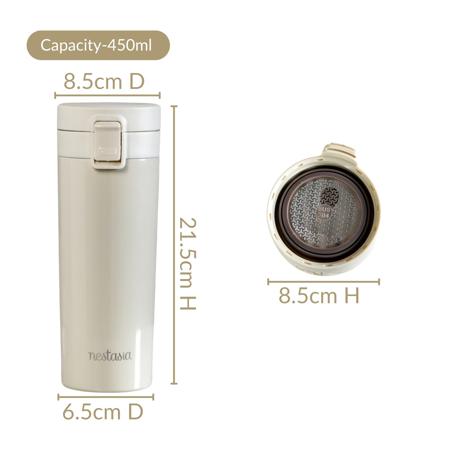 Nestasia 450ml Thermosteel Insulated Coffee Mug with Strainer - Leakproof Double Wall Vacuum Stainless Steel Tumbler for Hot & Cold Drinks - Rust Proof Travel Mug for Office, Camping & Gifting (Cream)