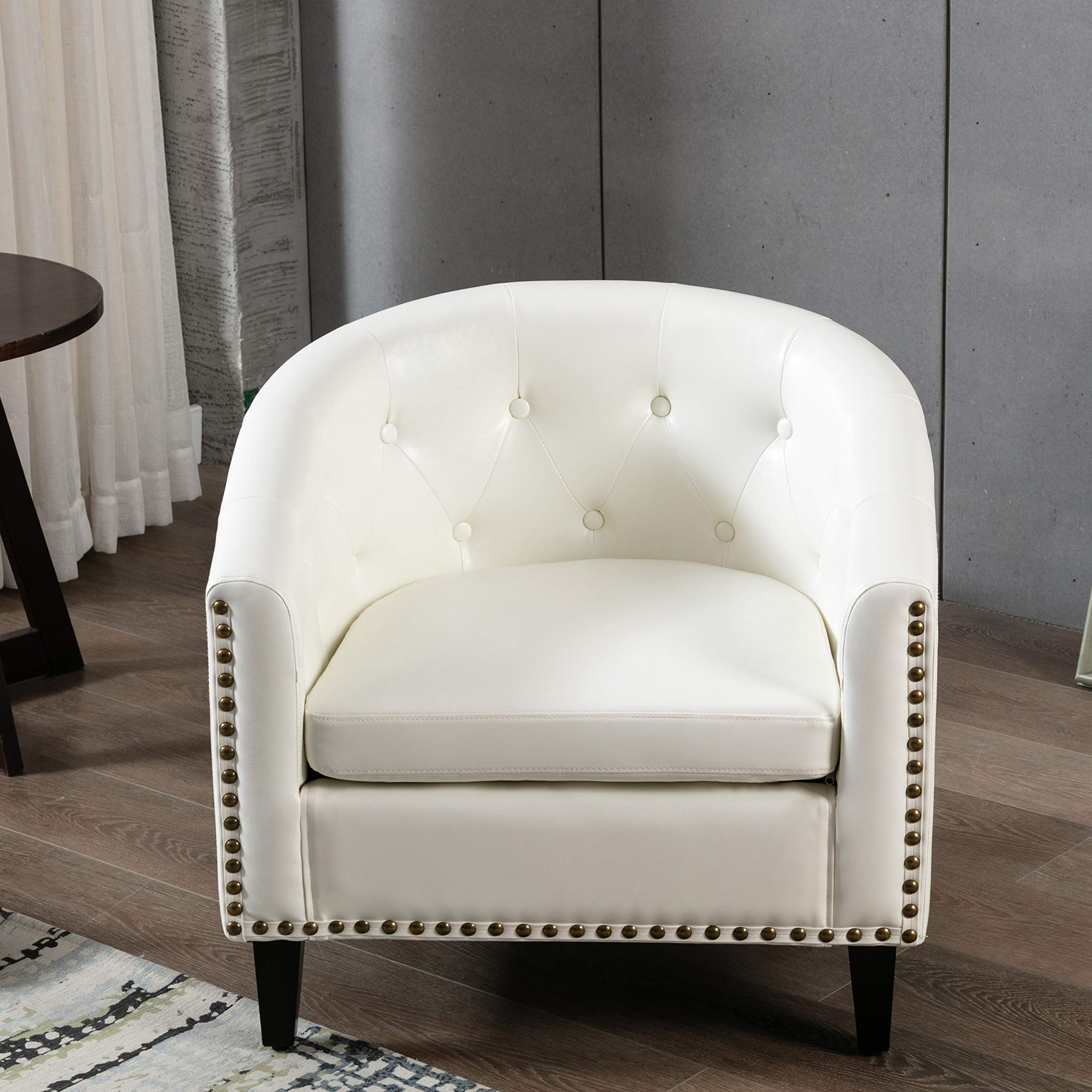 NCKMYB Button Tufted Barrel Accent Chair - Dark Brown PU Leather Upholstered Living Room Sofa Chair for Bedroom, Office & Lounge | Comfortable Seating for Reading Nook, TV Watching & Relaxation