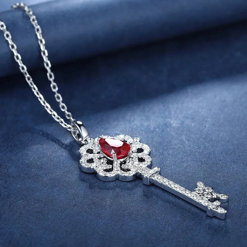 18K White Gold 1.1ct Pear-Shaped Lab Ruby Open Heart Key Pendant Necklace for Women - Elegant Fashion Jewelry for Valentine's Day, Anniversary & Romantic Gifts