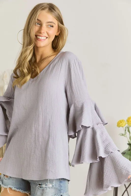 Elegant Layered Bell Sleeve Blouse for Women - Flowy Boho Chic Top with Ruffled Cuffs | Perfect for Casual Outings, Date Nights & Office Wear