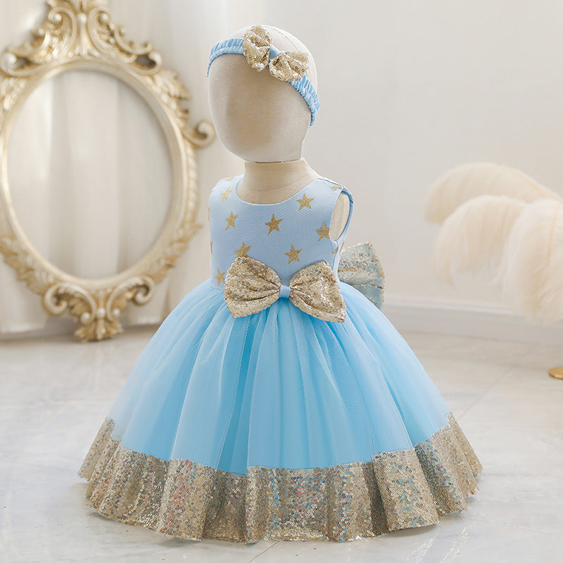 Baby Girl Princess Dress Toddler Summer Sequin Bow Stars Birthday Party Pageant Dress - Perfect for Birthday Celebrations, Pageants, and Special Occasions