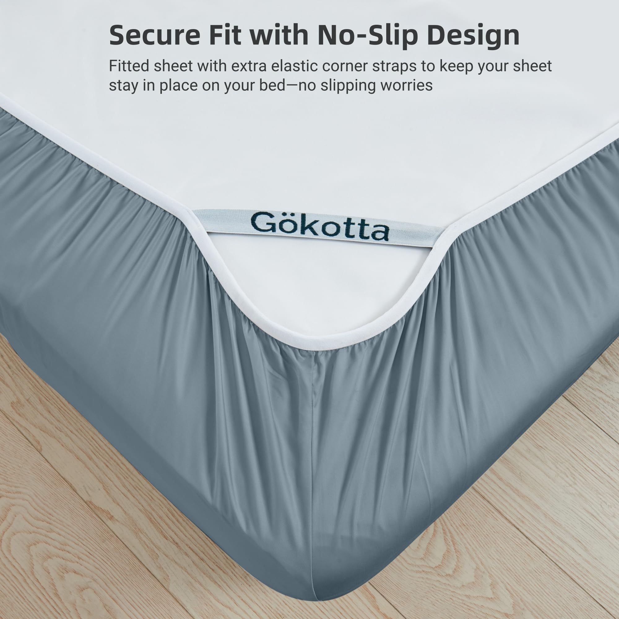 GOKOTTA 100% Bamboo Rayon Bed Sheets Set - Queen Size 4 PCS, Breathable & Soft with Elastic Corner Straps, Blue - Perfect for Hot Sleepers & Eco-Friendly Home Decor