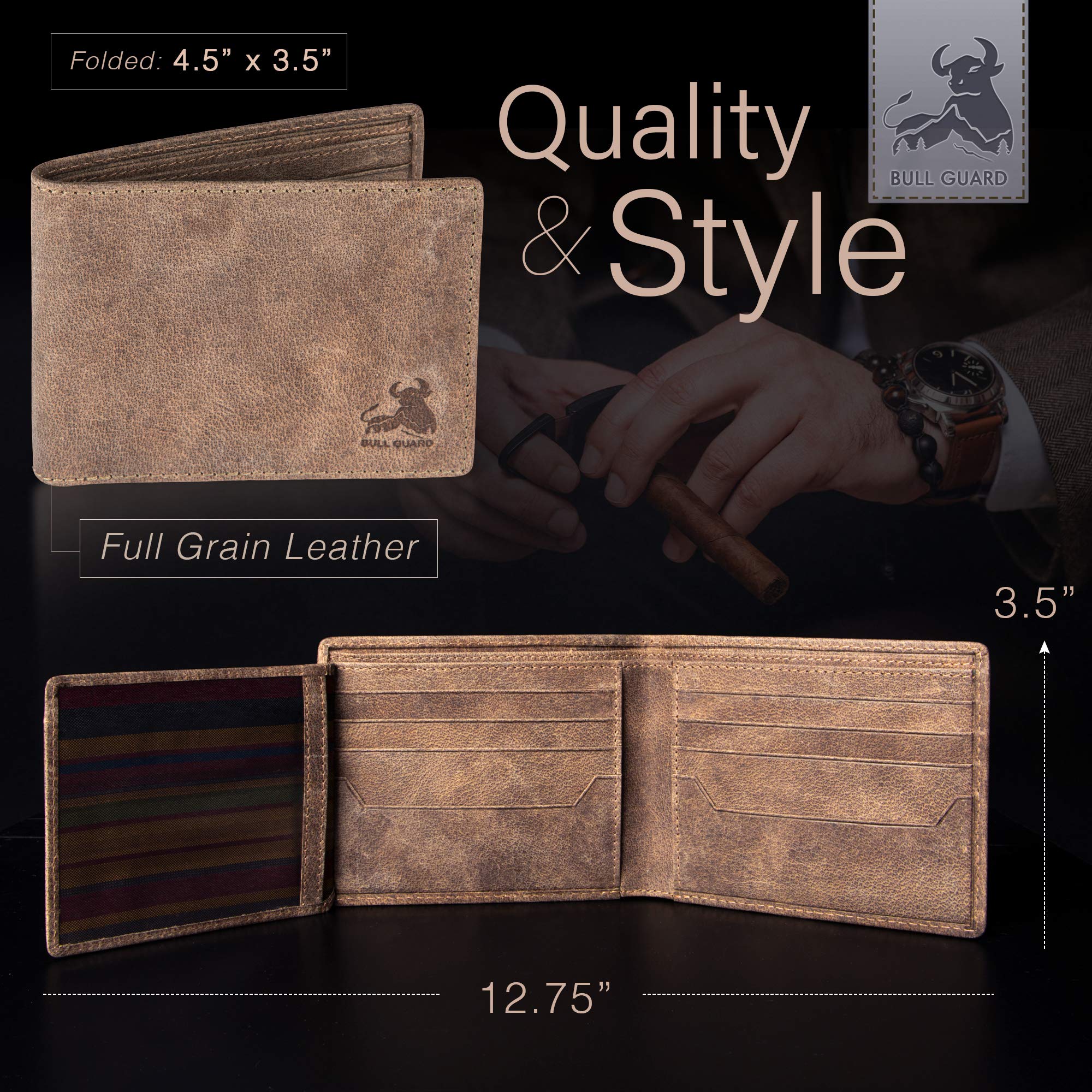 Premium BULL GUARD RFID Blocking Men's Leather Wallet - Slim Bifold Design with 2 ID Windows & 12 Card Slots - Genuine Full Grain Leather - Ideal for Travel, Business & Everyday Use