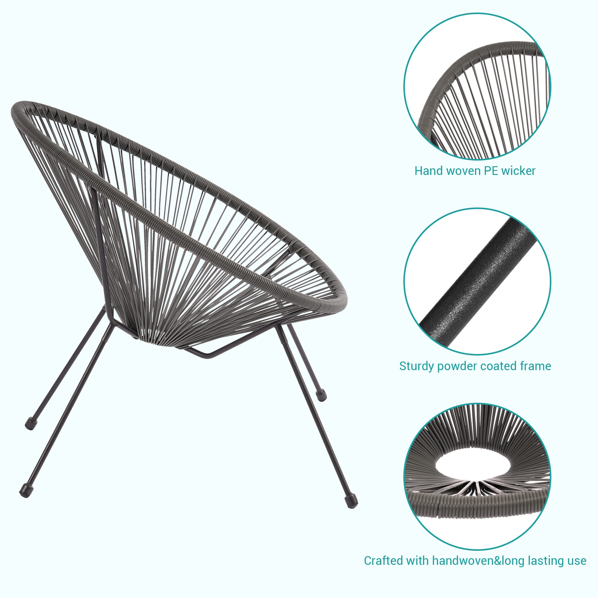 3-Piece Patio Furniture Set - Acapulco Chair with Glass Top Table & 2 Chairs - Indoor/Outdoor Seating Set in Grey - Perfect for Backyard, Garden, Poolside & Balcony Relaxation