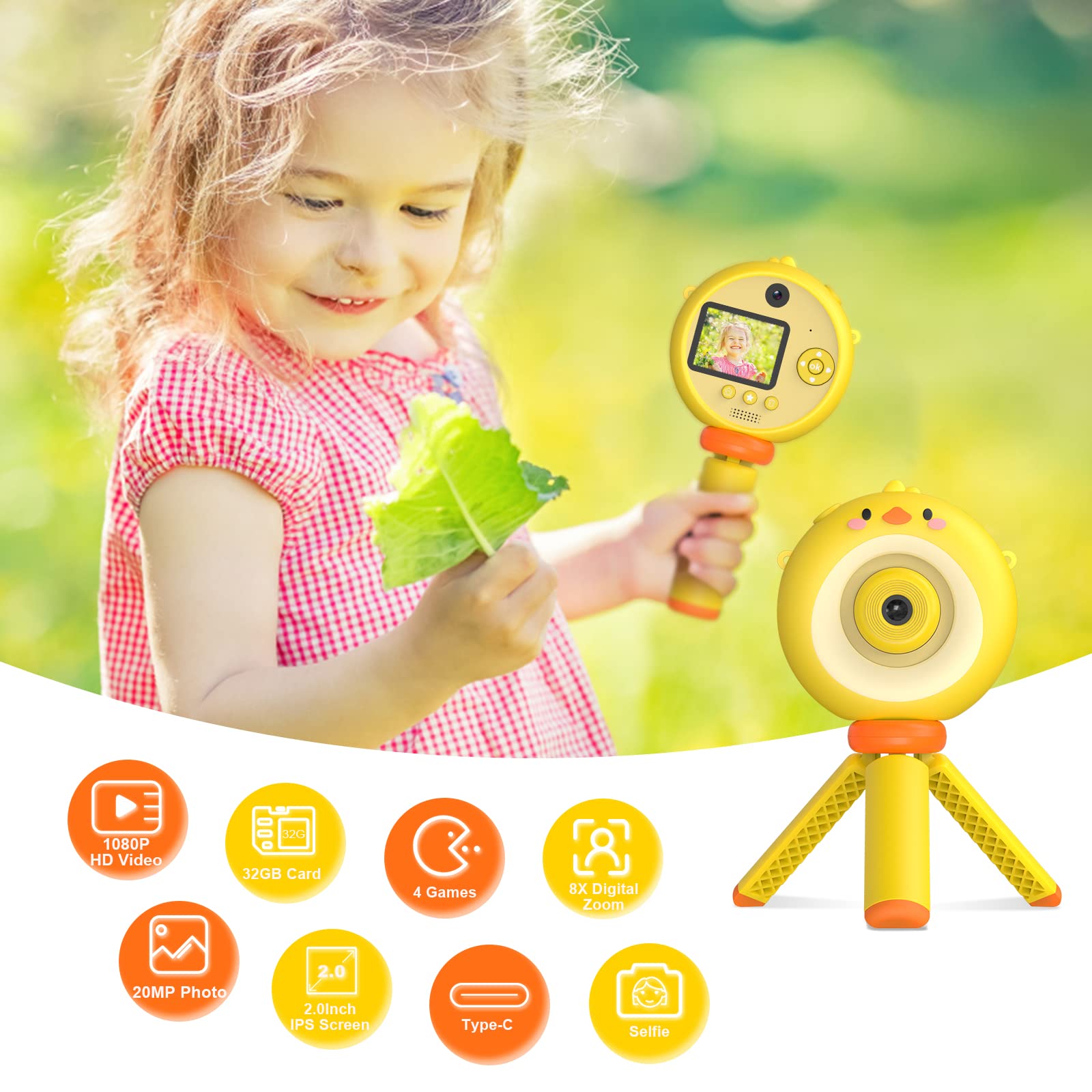 **12MP Kids Digital Camera with Tripod - 1080P HD Video, 32GB SD Card Included - Perfect for Birthday Gifts, Selfies & Family Adventures (Yellow)**