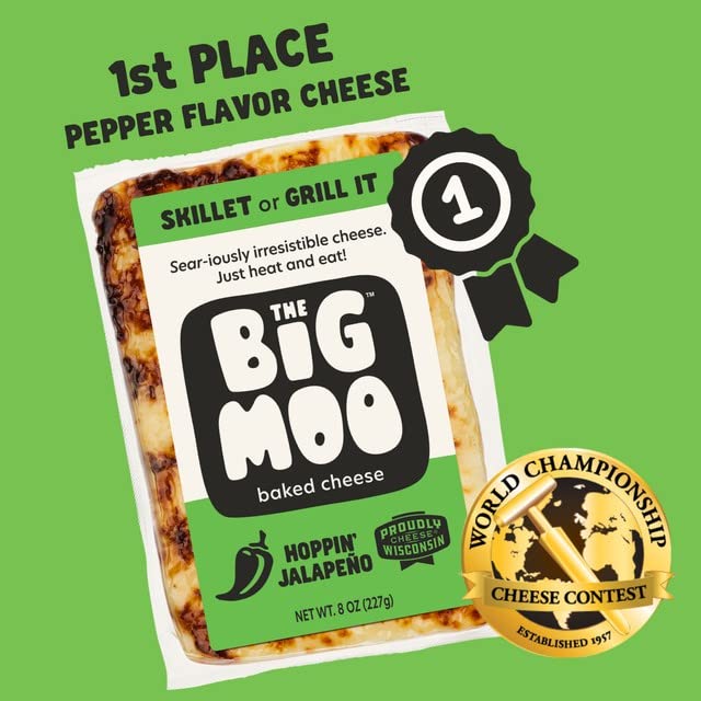 THE BIG MOO Baked Cheese - HOPPIN' JALAPĒNO Flavor | Bundle of 3 (8 oz Blocks) | Keto, Low Carb, Gluten-Free, Sugar-Free Snacks | High Protein, Atkins & Diabetic Friendly | Healthy Gourmet Cheese Snack for Carnivore Diet | Perfect for Office, Travel, and Keto Meal Prep