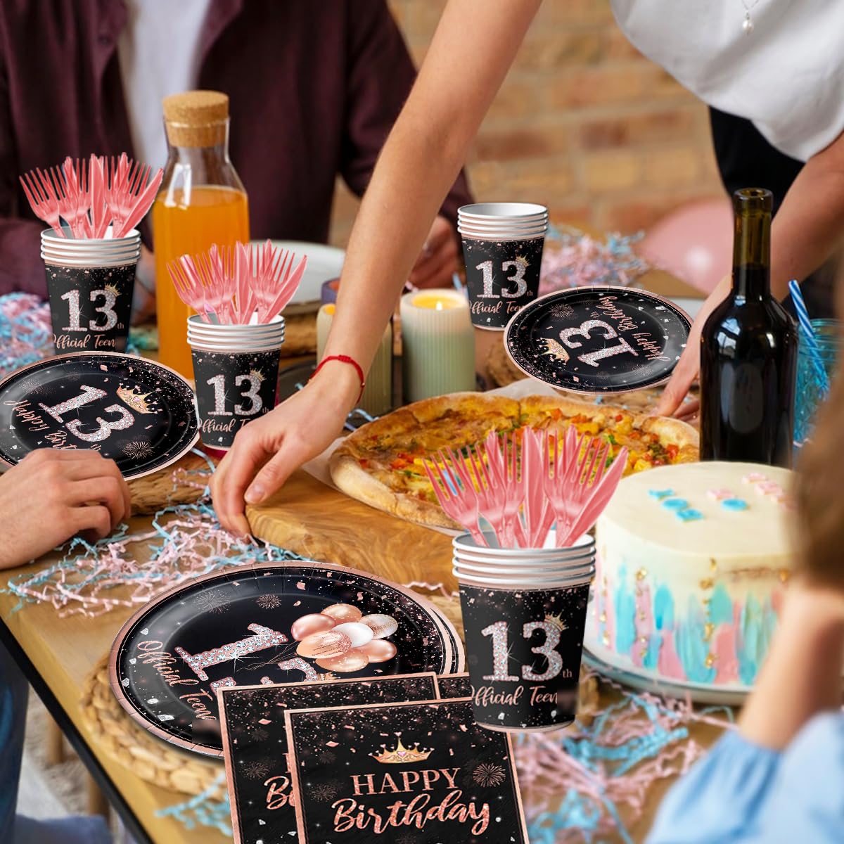 142Pcs Rose Gold 13th Birthday Party Supplies Set for Girls - Disposable Tablecloth, Plates, Napkins, Cups, Forks & Knives - Perfect for Teen Birthday Decorations & Celebrations