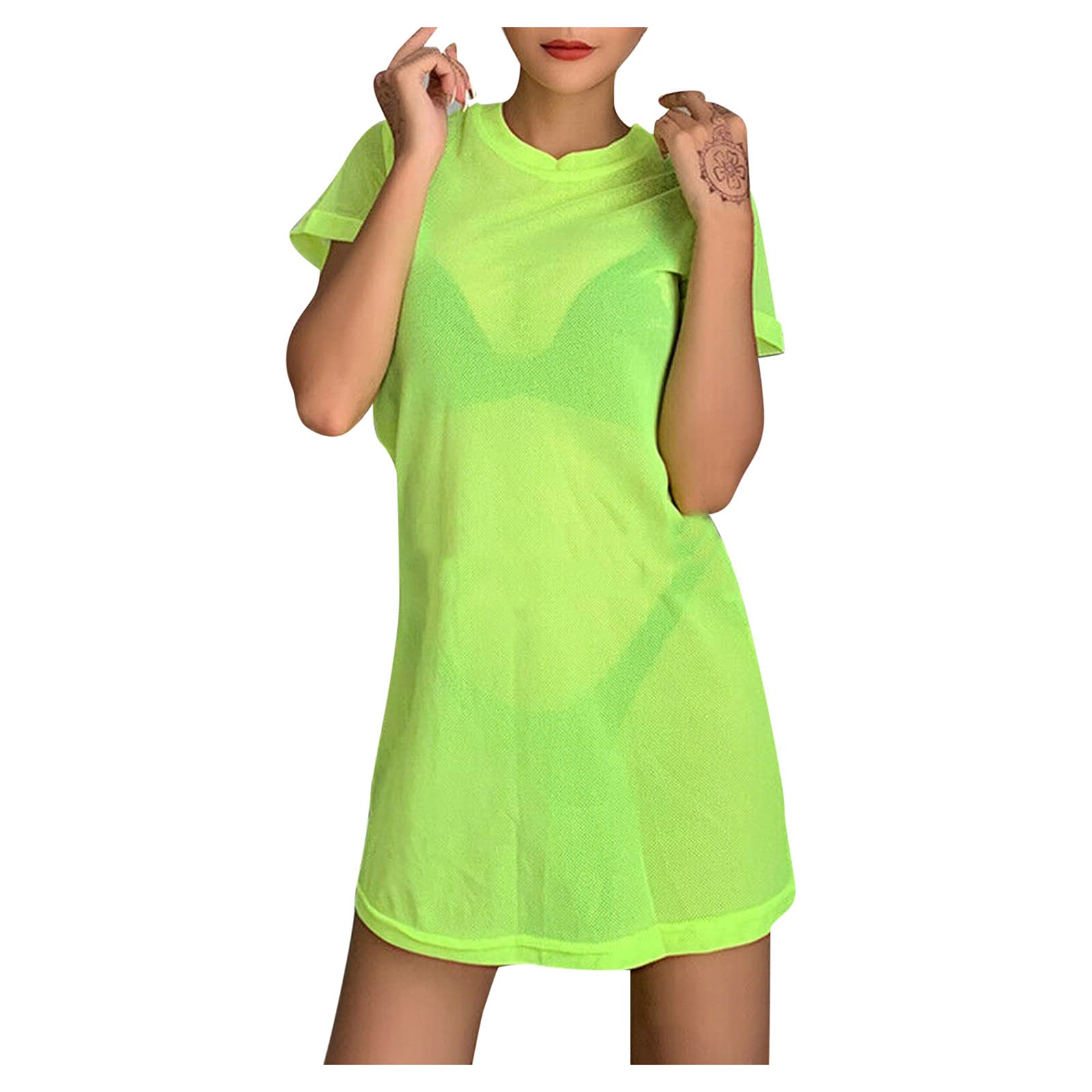 Women's Mesh Long Sleeve See-Through Swim Cover Up Dress - Lightweight Beachwear for Pool, Vacation & Summer Outfits