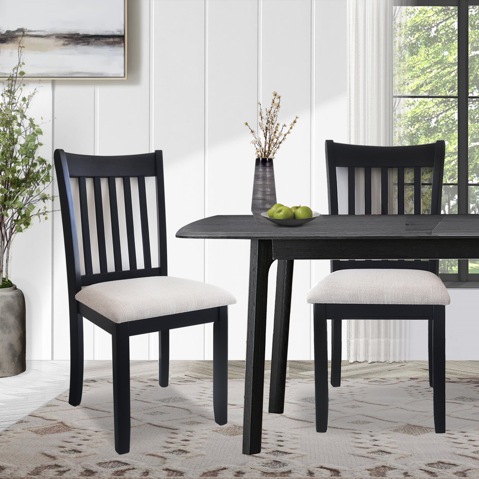 Black Finish Wooden Dining Chairs Set of 2 with Cushioned Seats - Modern Kitchen & Breakfast Room Furniture for Home Decor