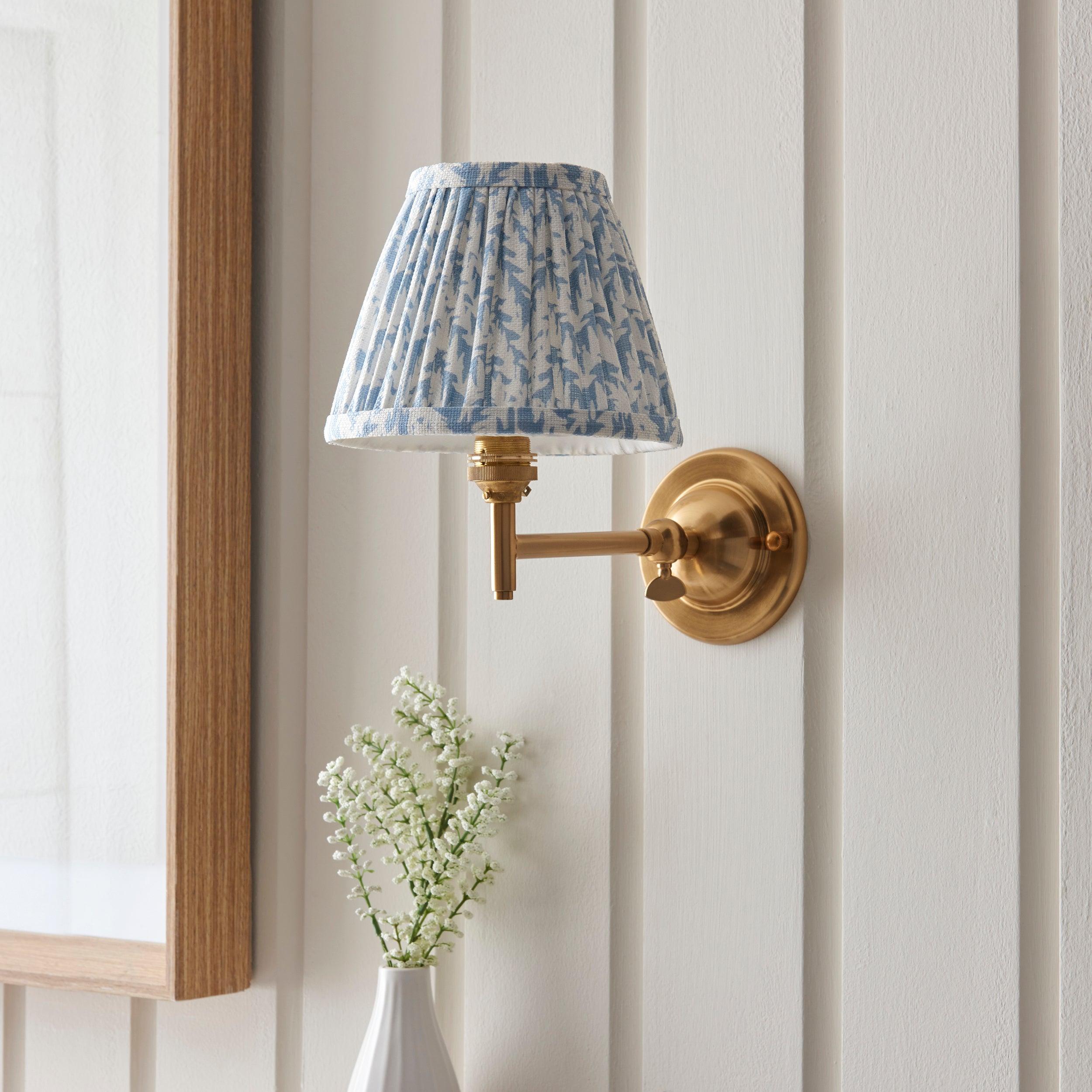 Brass Wall Light with Dome Fold & Leaf Design - 16cm Shell Bay Blue Shade for Bedroom, Living Room, and Hallway Lighting