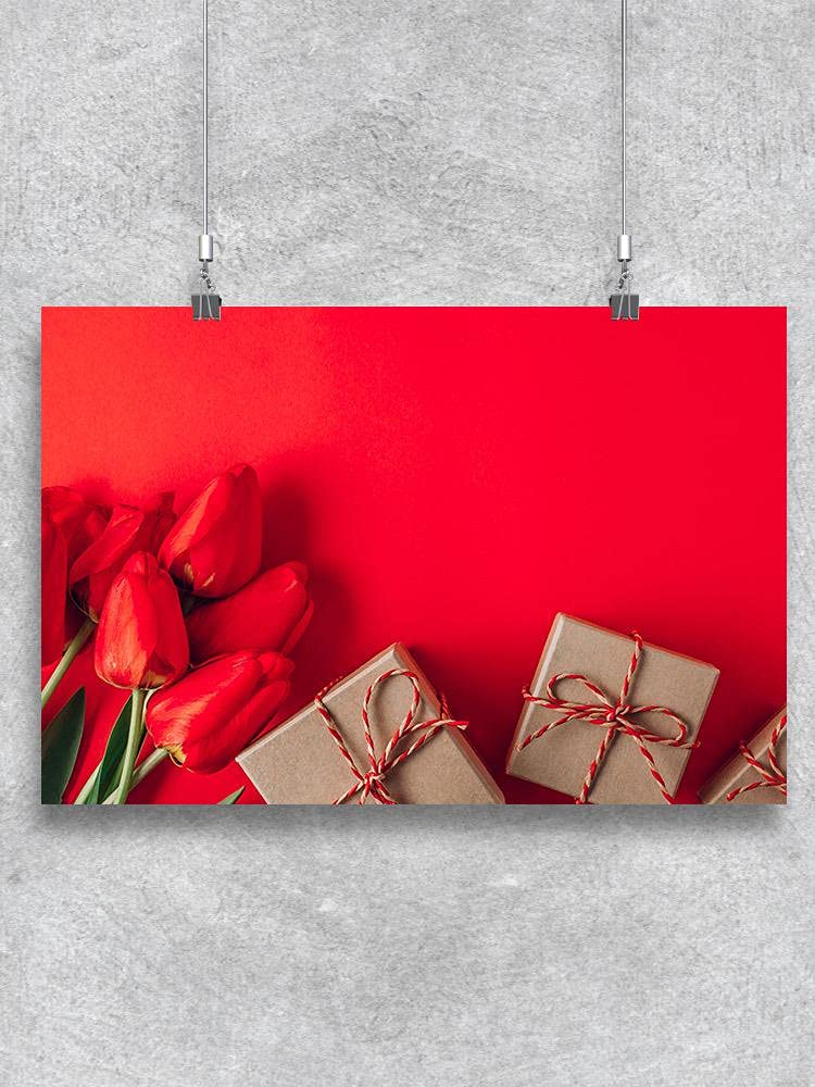 Red Tulips and Gift Boxes Poster - Floral Wall Art for Home Decor, Office, Living Room, Bedroom - Perfect for Gifts and Spring Decorations