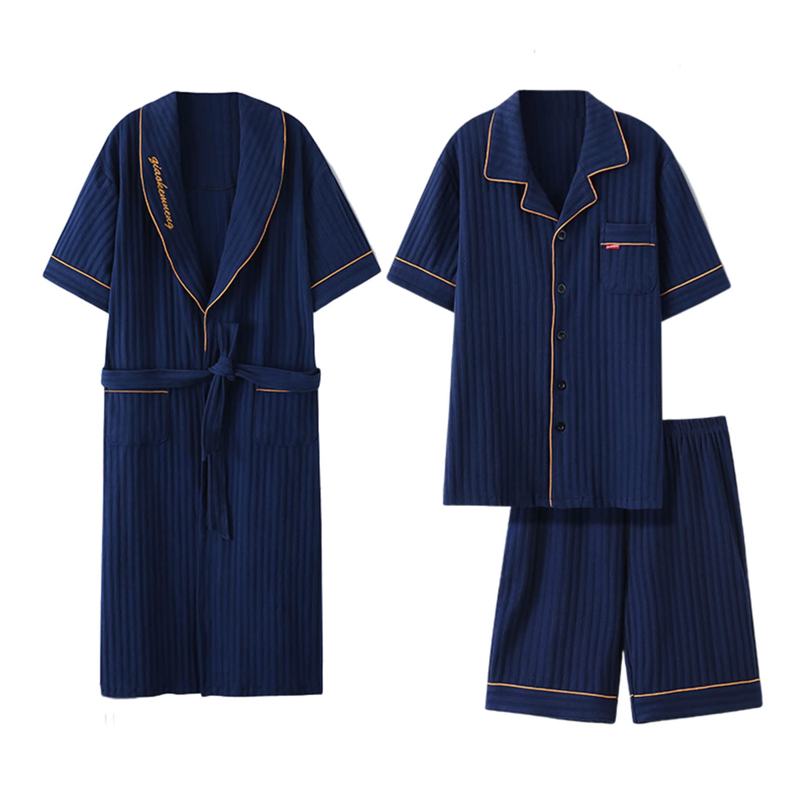 Men's Summer Cotton 3-Piece Sleepwear Set - Long Sleeve Nightgown, Short Top & Lounge Shorts - Breathable Pajama Set for Home, Sleep & Relaxation - Perfect for Nighttime Comfort & Lounging