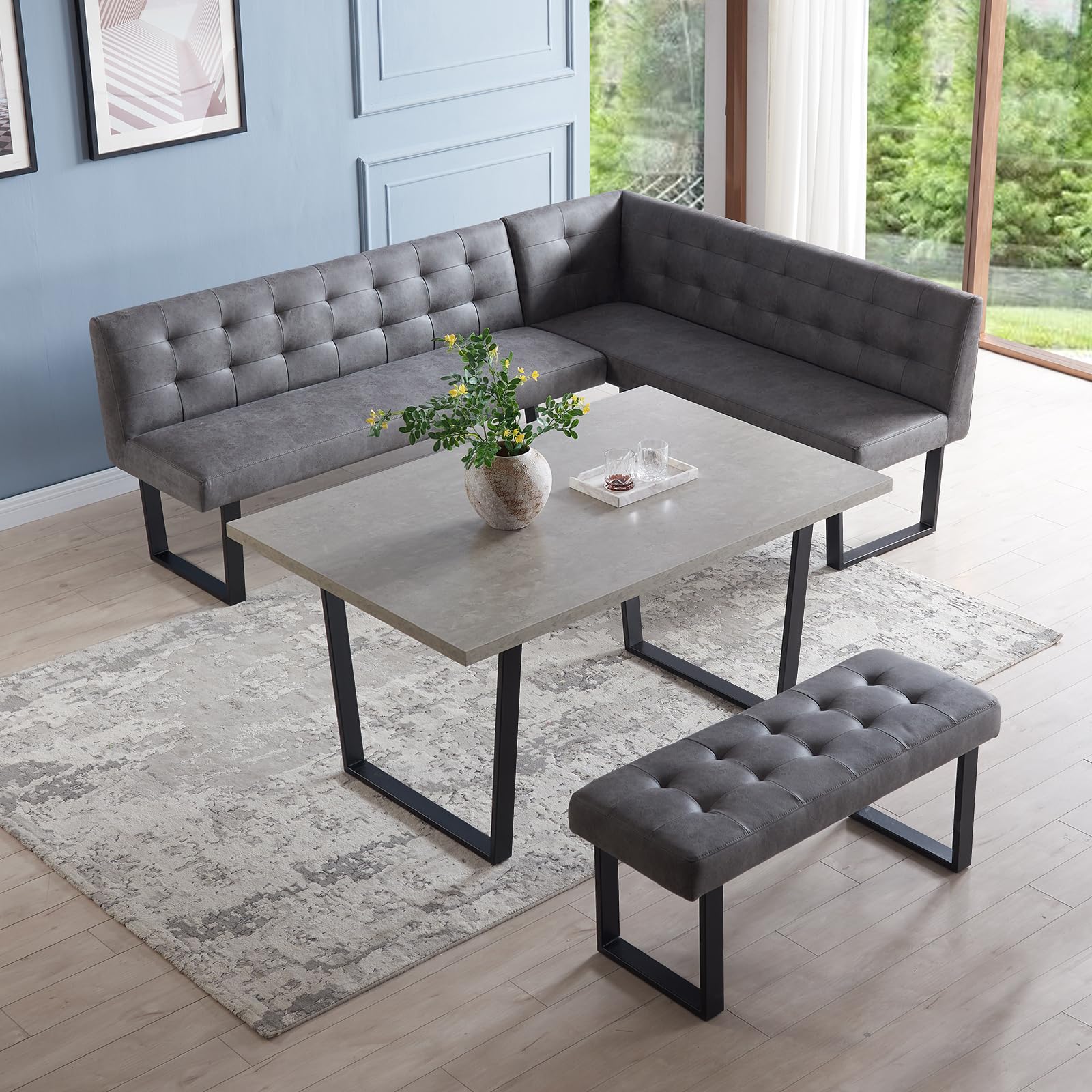 Modern 3-Piece Dining Table Set with Bench - 42.9 Inch Kitchen Table & 43.3 Inch Corner Bench for Family Dining Room | Perfect for Small Spaces, Breakfast Nooks & Cozy Gatherings