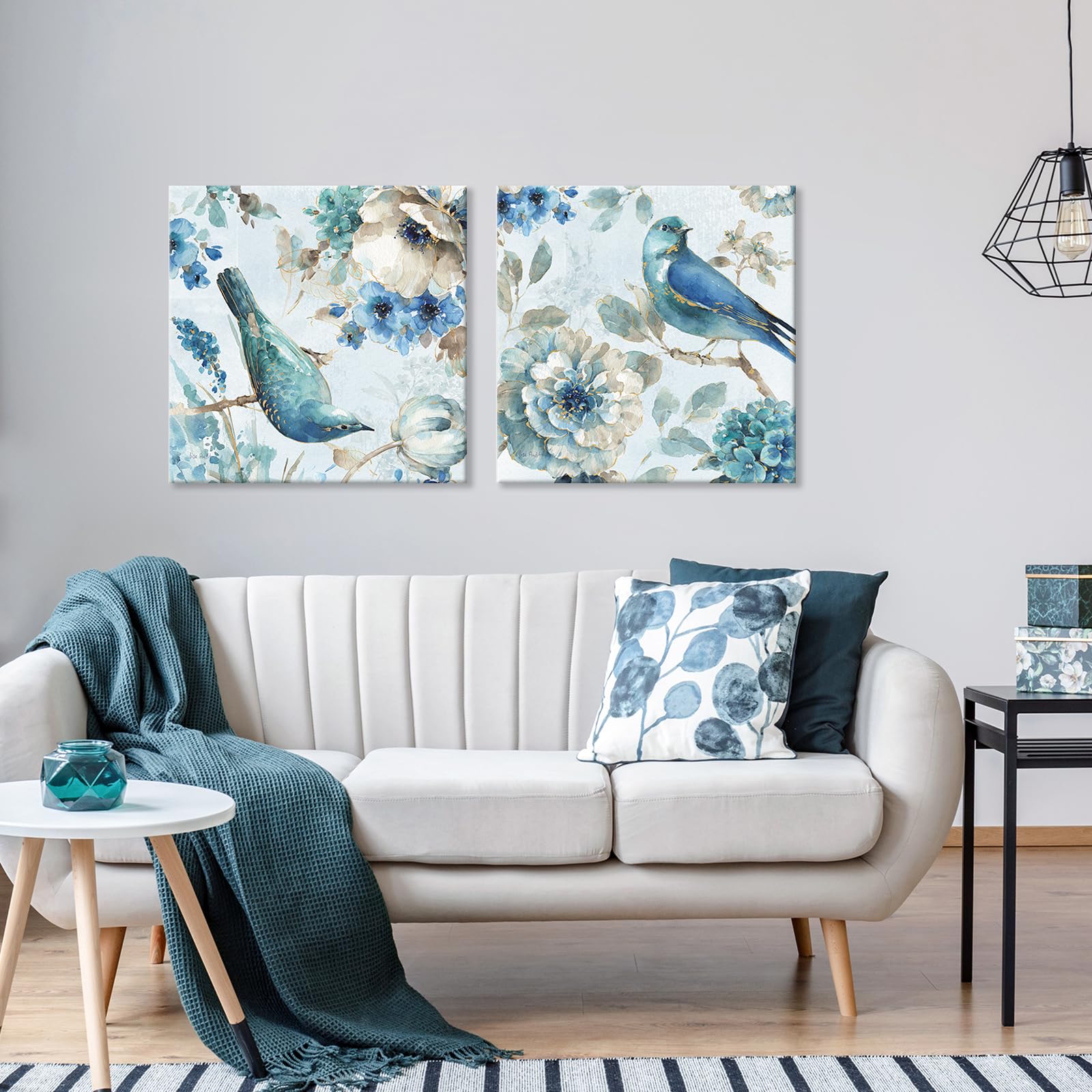 SEVEN WALL ARTS Birds and Flowers Canvas Wall Art - 2 Piece Set Navy Blue Abstract Floral Tree Painting with Birds | Framed Ready to Hang | Perfect for Bedroom, Living Room & Office Decor | Garden Themed Home Artwork