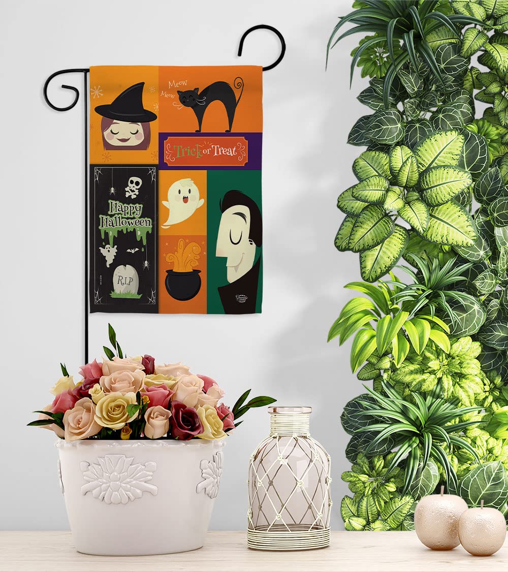 Halloween Trick or Treat Garden Flag Set with Stand - Spooky Witch & Black Cat Decor for Yard