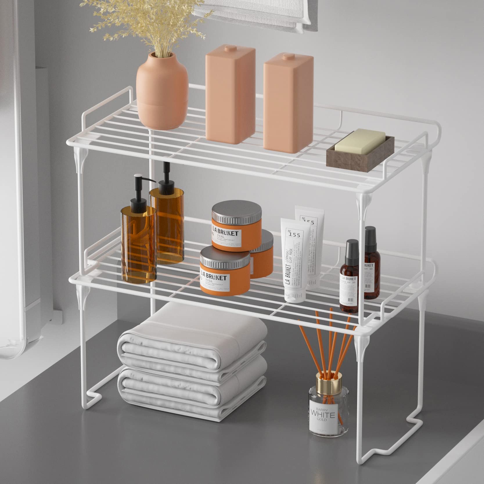 RedRubbit Stackable Foldable Kitchen Cabinet Organizer Shelf - 2 Pack Spice Rack for Counter, Pantry, Bathroom & Cupboard Storage - Perfect for Small Space Organization & Home Decluttering