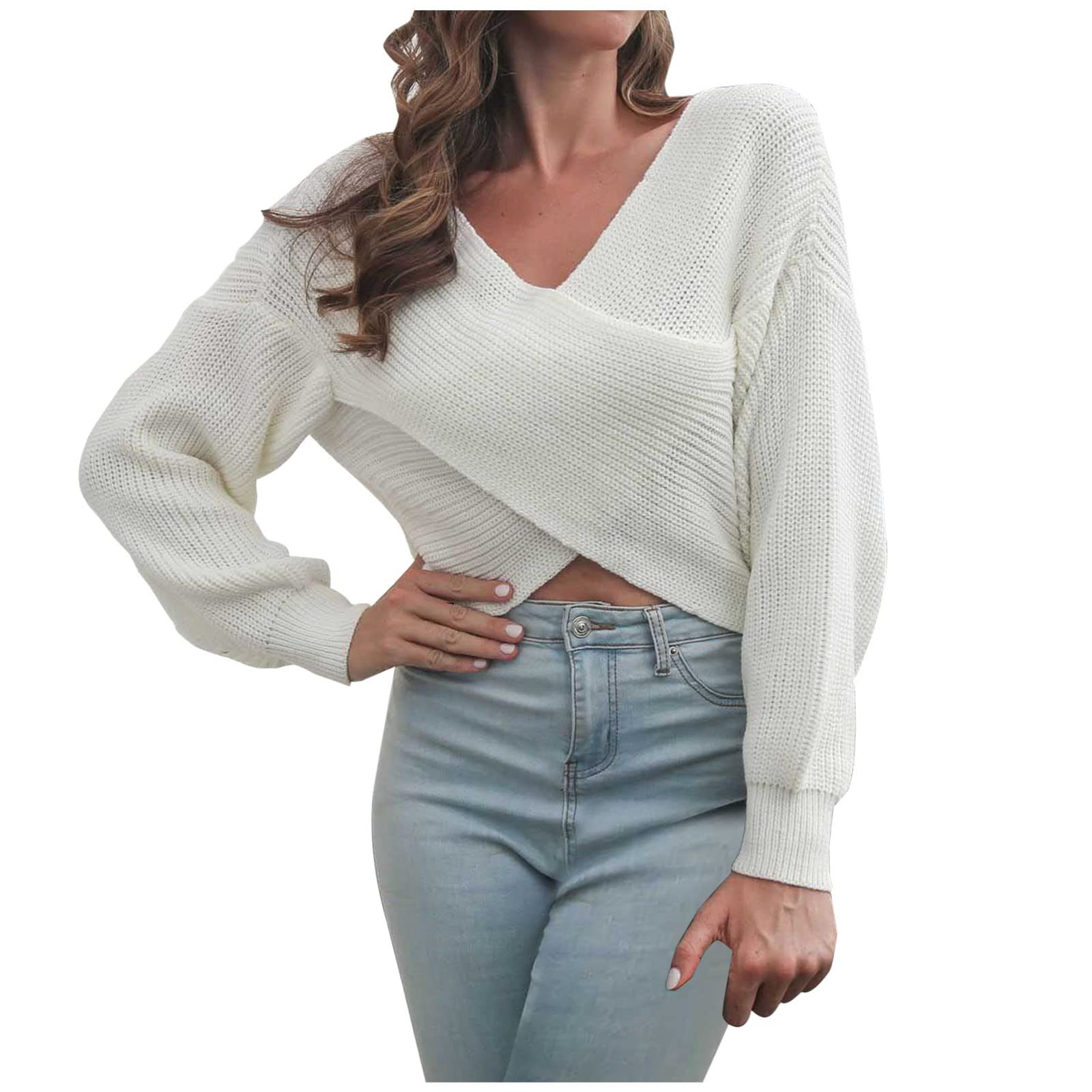 Women's Casual V-Neck Knit Crop Sweater - Wrap Front, Off-Shoulder for Daily Wear