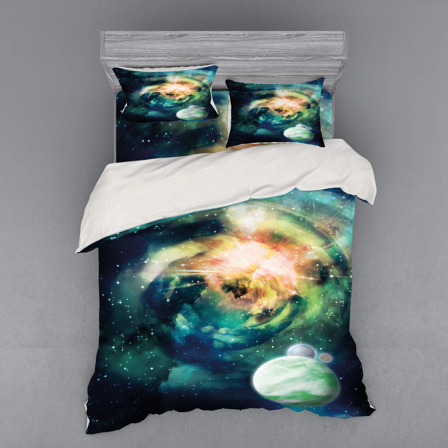 Ambesonne Galaxy Duvet Cover Set - Queen Size 4-Piece Bedding with Shams & Fitted Sheet, Spiral Andromeda Galaxy Print in Teal Blue & Yellow, Space Themed Bedroom Decor for Kids & Adults, Perfect for Sci-Fi Lovers & Astronomy Enthusiasts