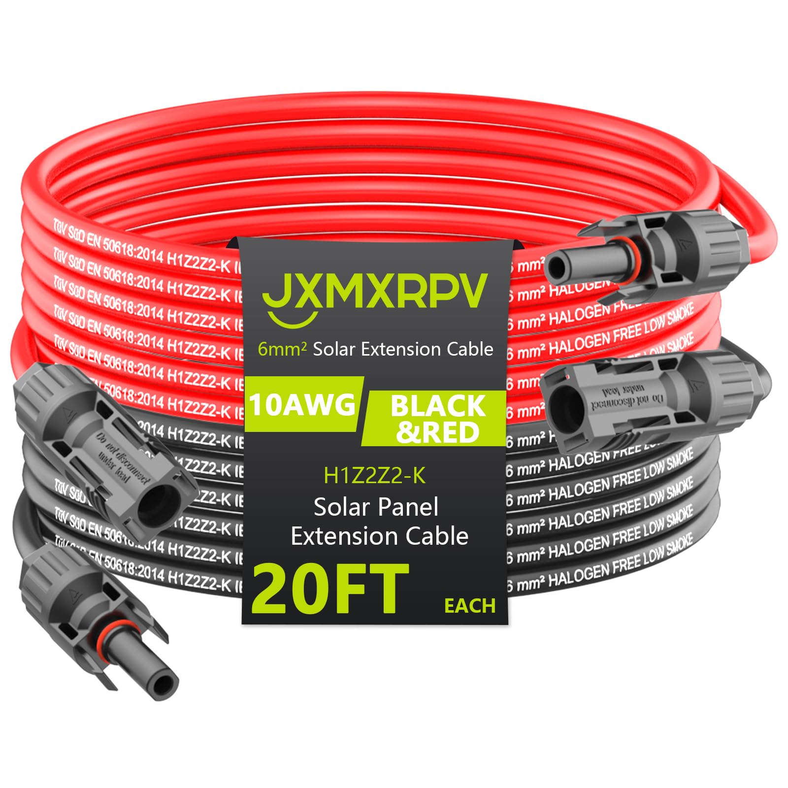 20Ft 10AWG Solar Extension Cable with Tool-Free Connectors - Waterproof 6mm² PV Wire for Home, Boat & RV Solar Panels - Perfect for Outdoor Solar Power Systems, Off-Grid Installations and Marine Applications