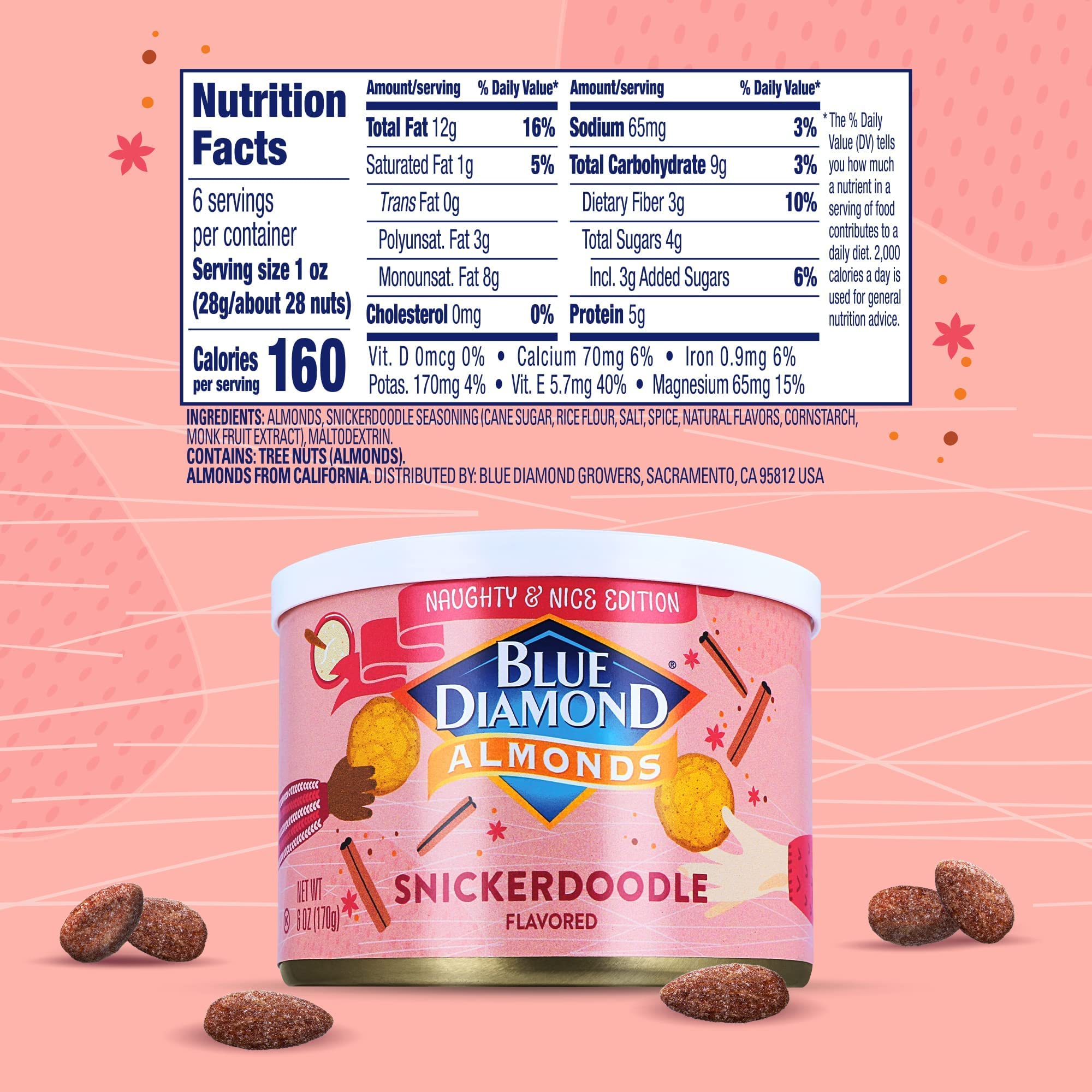 Blue Diamond Almonds Snickerdoodle Flavor Holiday Snack Nuts - 6 oz Resealable Can (Perfect for Christmas Gifts, Office Snacks & Party Treats)