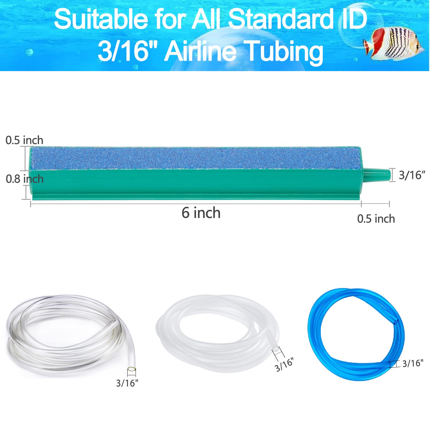 6 Inch Aquarium Air Stone Bar Kit - 5 Pack Square Oxygen Diffuser Bubble Stones for Fish Tank Pumps, Hydroponic DWC Buckets & Small Aquariums - Enhances Oxygenation for Healthier Fish & Plants