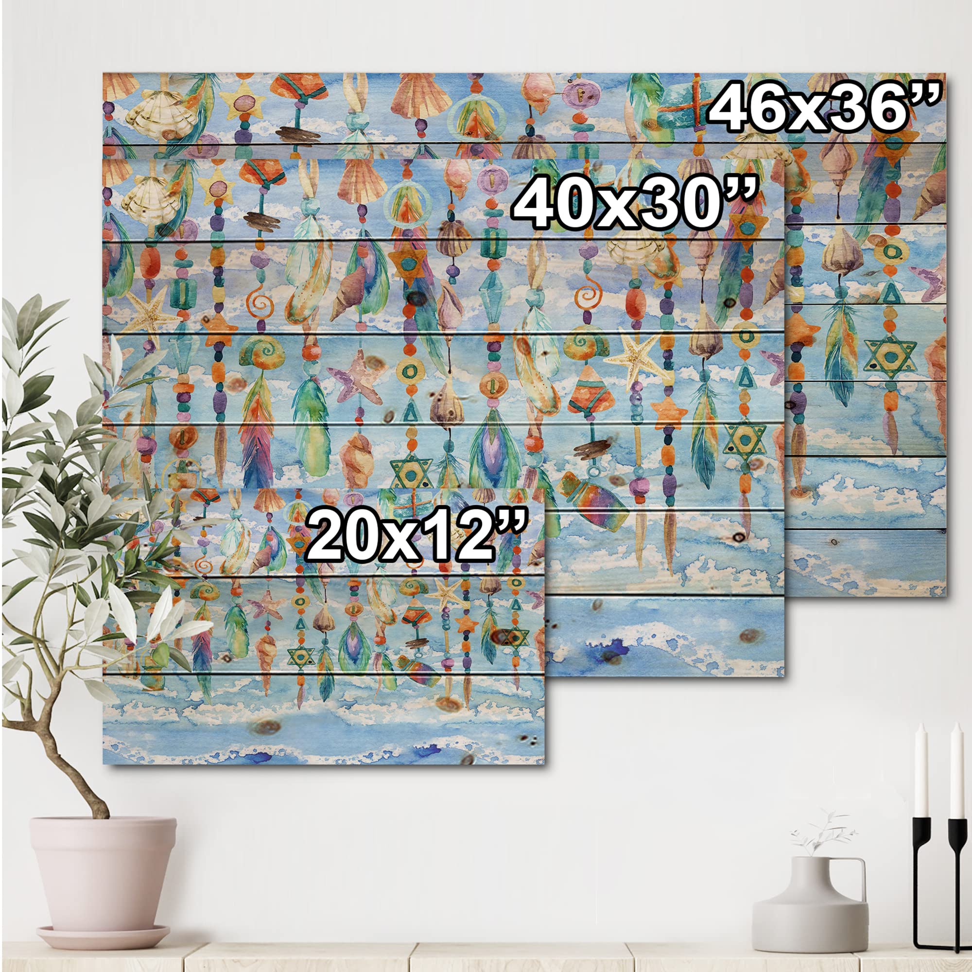 DesignQ Sea Shell & Bead Jewelry Wood Wall Decor - Handcrafted Blue Beach Art Panel, Natural Pine Wood Wall Hanging for Coastal Home Decor | Perfect for Living Room, Bedroom & Beach House Interior Design