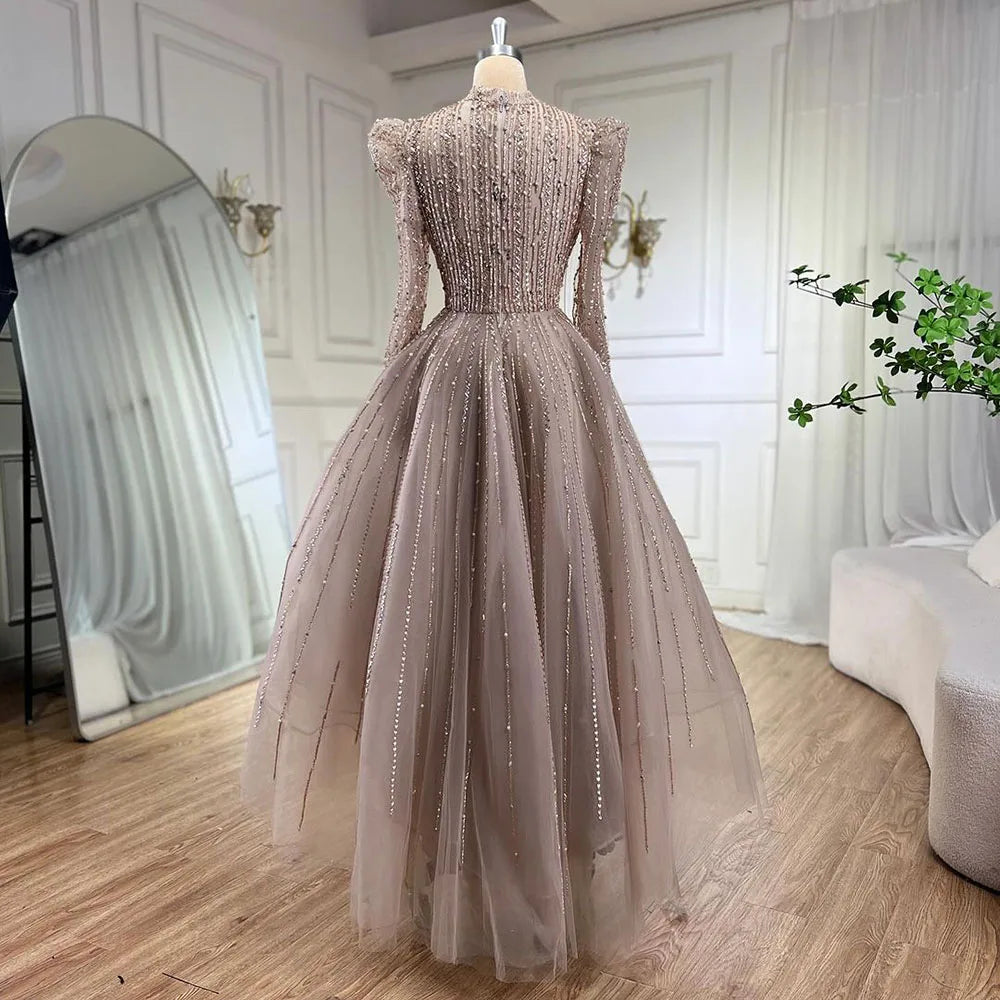 Serene Hill Muslim A-Line Luxury Pearl Beaded Nude Midi Ankle-Length Evening Dress Gown for Women - Formal Wedding Party Guest Attire | Elegant for Special Occasions, Bridal Showers & Red Carpet Events