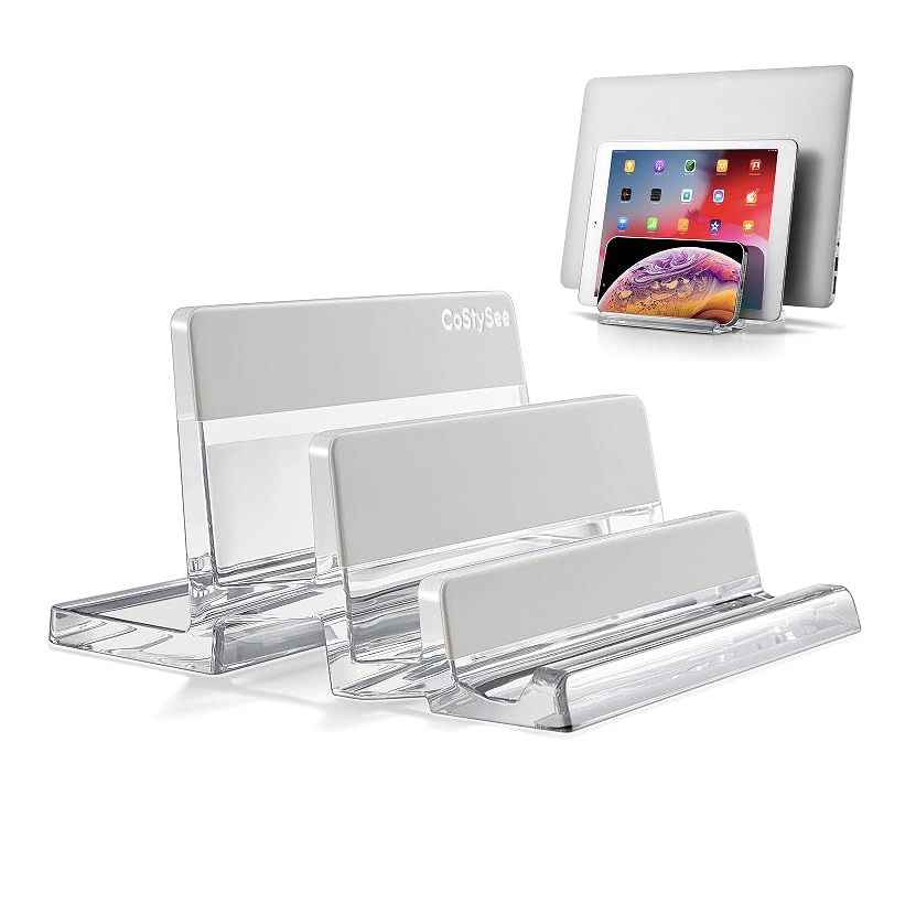Premium Acrylic 3-Slot Vertical Laptop Stand - Space-Saving Desktop Organizer for Laptop, MacBook, Tablet & Phone (Transparent) - Perfect for Home Office, Dorm & Workspace Organization