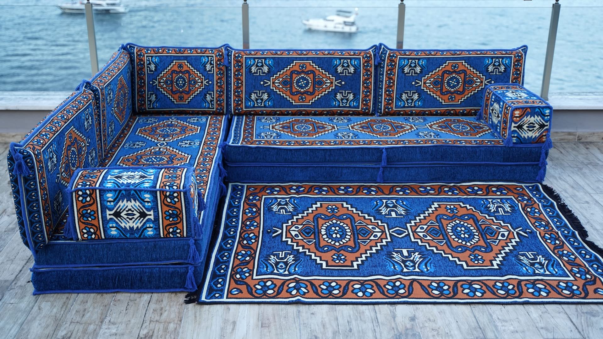 Handmade Navy Blue Single Arabic Floor Sofa Set - Moroccan Style Living Room Floor Couch with 8