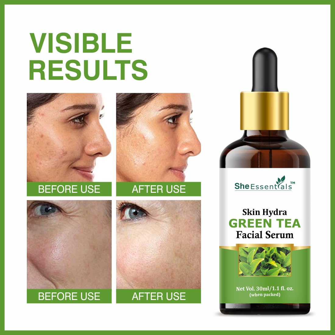 She Essentials Green Tea Face Serum with Aloe Vera Extract, Pro Vitamin B5 & Vitamin E | Anti-Aging, Skin Repair, Reduces Blemishes & Fine Lines | Paraben-Free, SLS-Free, Suitable for All Skin Types | Perfect for Daily Skincare Routine & Nighttime Hydration - 30ml