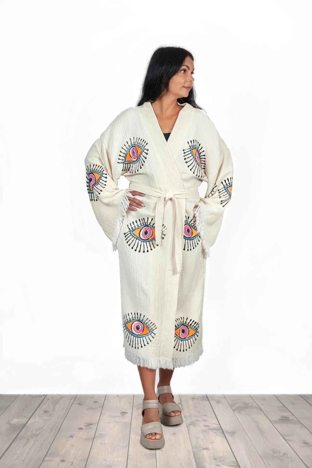 Organic Cotton One Size Neon Women's Kimono Robe with Evil Eye Design - Perfect for Spa, Beach Cover-Up, Yoga & Boho Loungewear