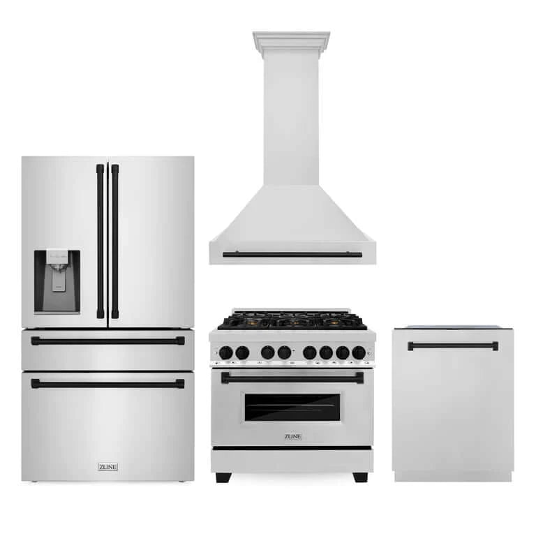 ZLINE Autograph Edition 36-inch Stainless Steel Dual Fuel Range Kitchen Package with Range Hood, Dishwasher & Refrigerator - Matte Black Accents (4AKPR RARHDWM36 MB) | Premium Cooking Appliances for Modern Kitchens