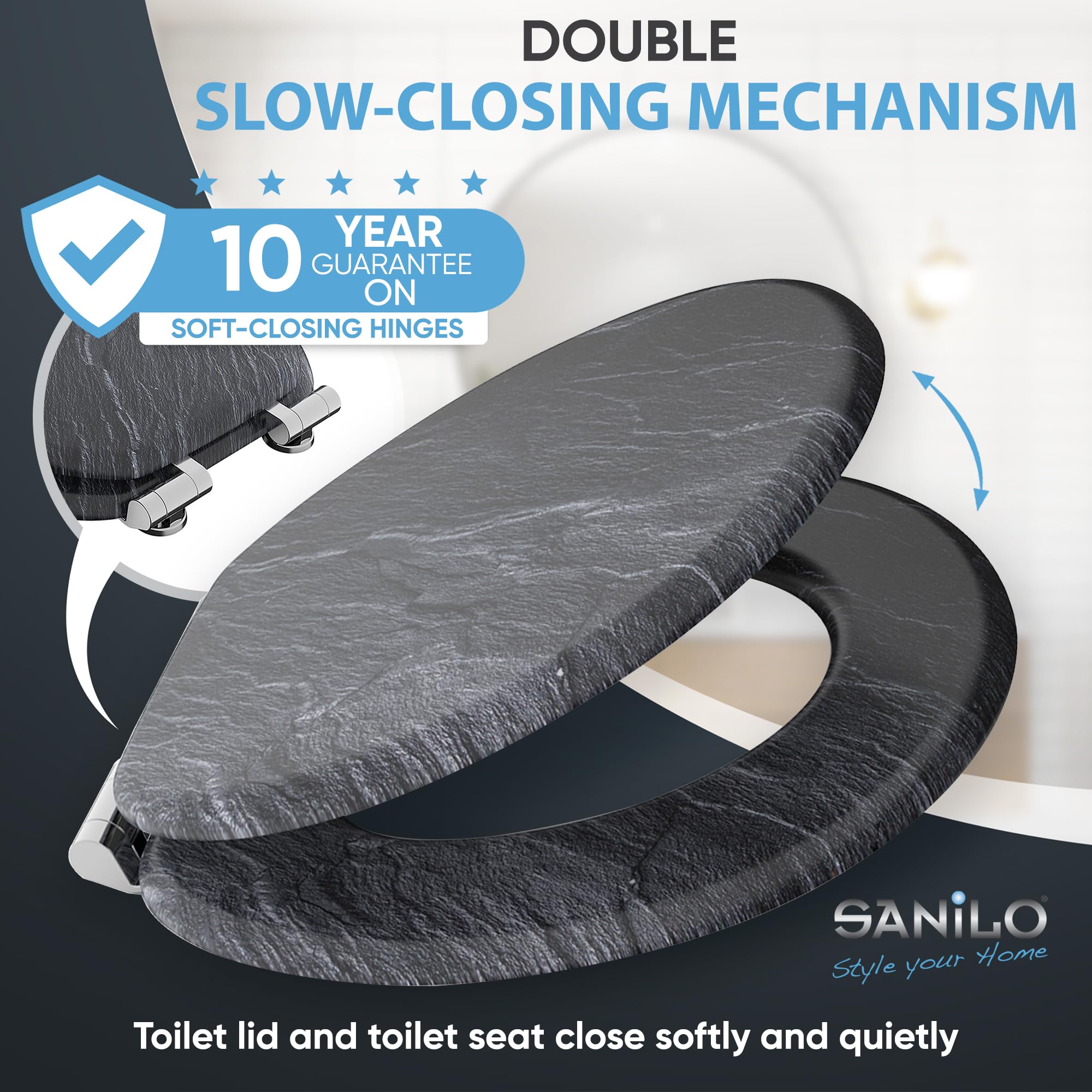 Sanilo Soft Close Toilet Seat ROUND - Quiet Slow Close Lid & Seat with Strong Bumpers & Hinges - Durable Granite Finish - Perfect for Bathroom Upgrade & Home Renovation
