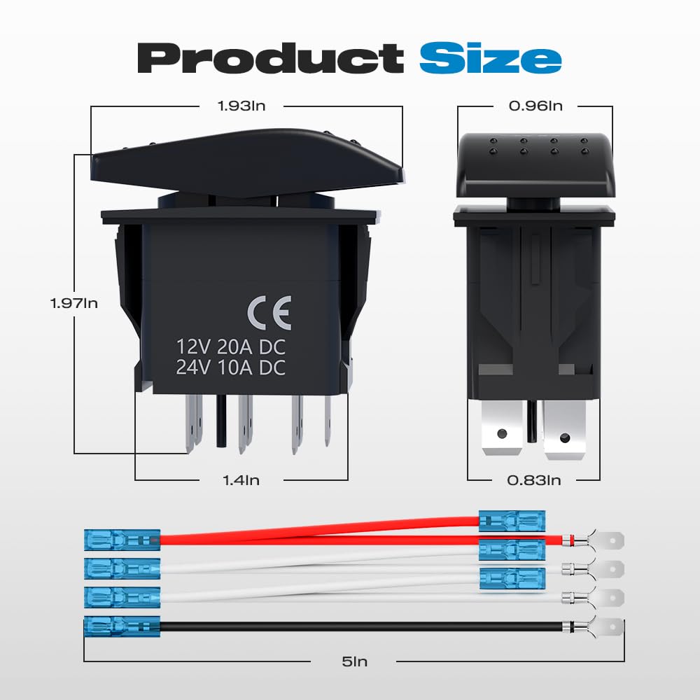 3 Position Rocker Switch, ON/Off/ON 12V 20A 24V10A Waterproof DPDT 7Pin Blue LED Light Switch with Jumper Wire for Cars, Trucks, RV, Boat, ATV, UTV - Perfect for Marine, Off-Road & Automotive Electrical Systems