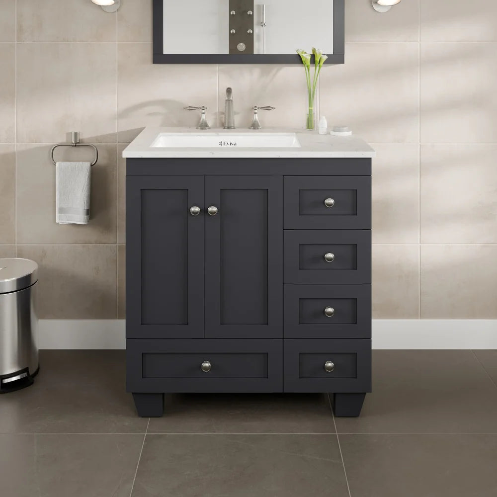Eviva Acclaim 30 Inch Bathroom Vanity with Carrara Quartz Countertop - Modern White Bathroom Sink Cabinet for Small Spaces, Perfect for Powder Rooms and Guest Bathrooms