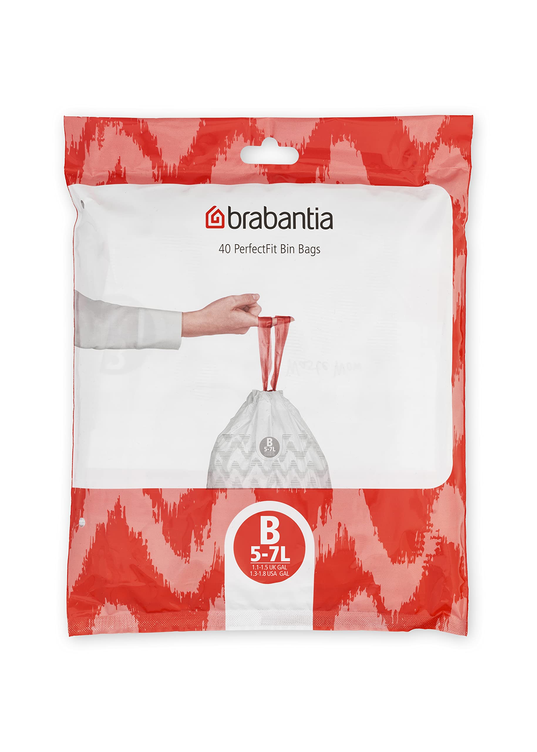 Brabantia PerfectFit Trash Bags Size B 1.3 Gallon - Thick Plastic Trash Can Liners with Drawstring Handles (40 Count) - Ideal for Small Bathroom, Office, or Bedroom Waste Bins