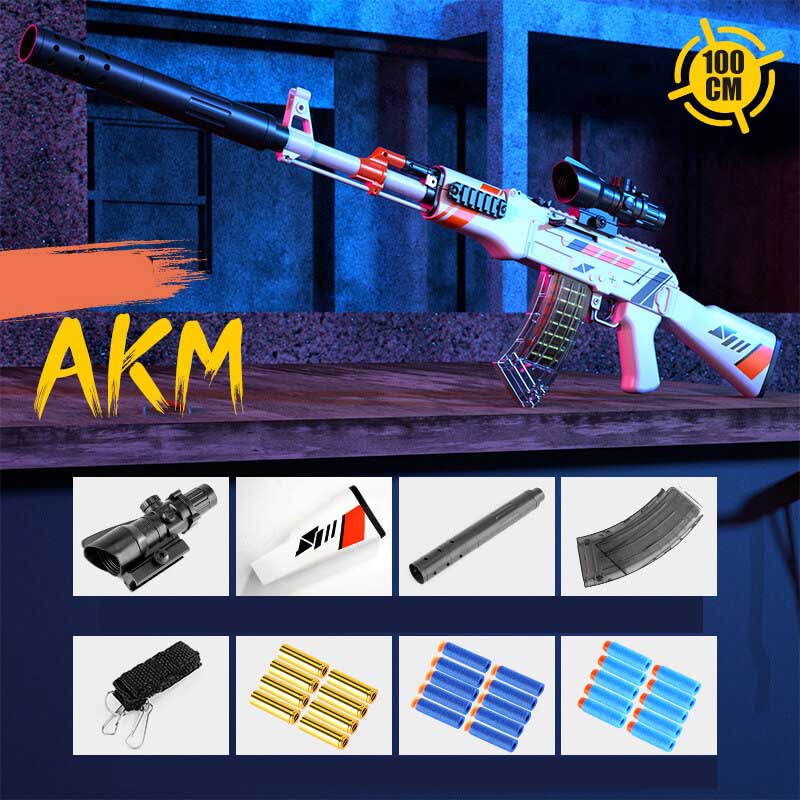 LC AKM Manual Magazine Fed Shell Ejecting Dart Blaster Toy - Realistic Foam Dart Shooting Game for Outdoor Battles & Nerf War Fun