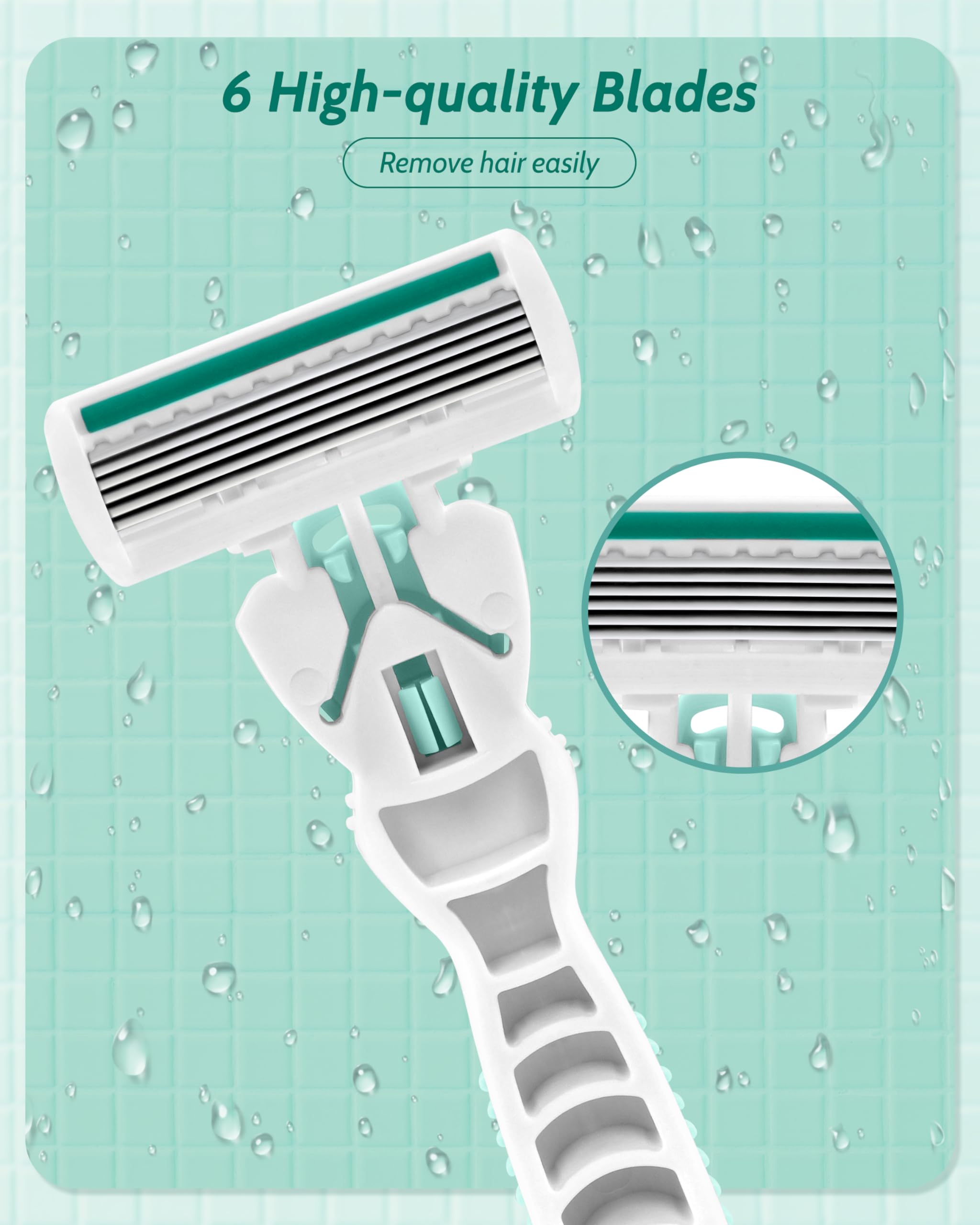 Women's Razor for Sensitive Skin - 6 Blade Shaving Razor with 15 Refills & 2 Travel Razors | Smooth, Irritation-Free Shave for Legs, Underarms & Bikini Line | Green