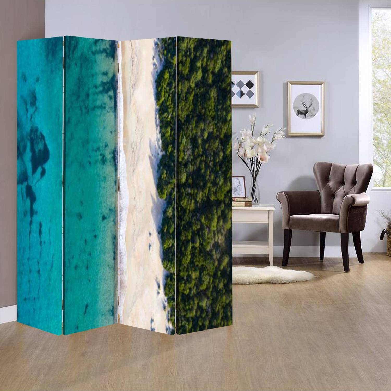 Wooden Room Divider Folding Screen - 4 Panel Privacy Partition with Dual-Sided Canvas for Home & Office | Indoor Display Shelves & Beach-Themed Wall Decor | Perfect for Living Rooms, Bedrooms, and Studio Spaces