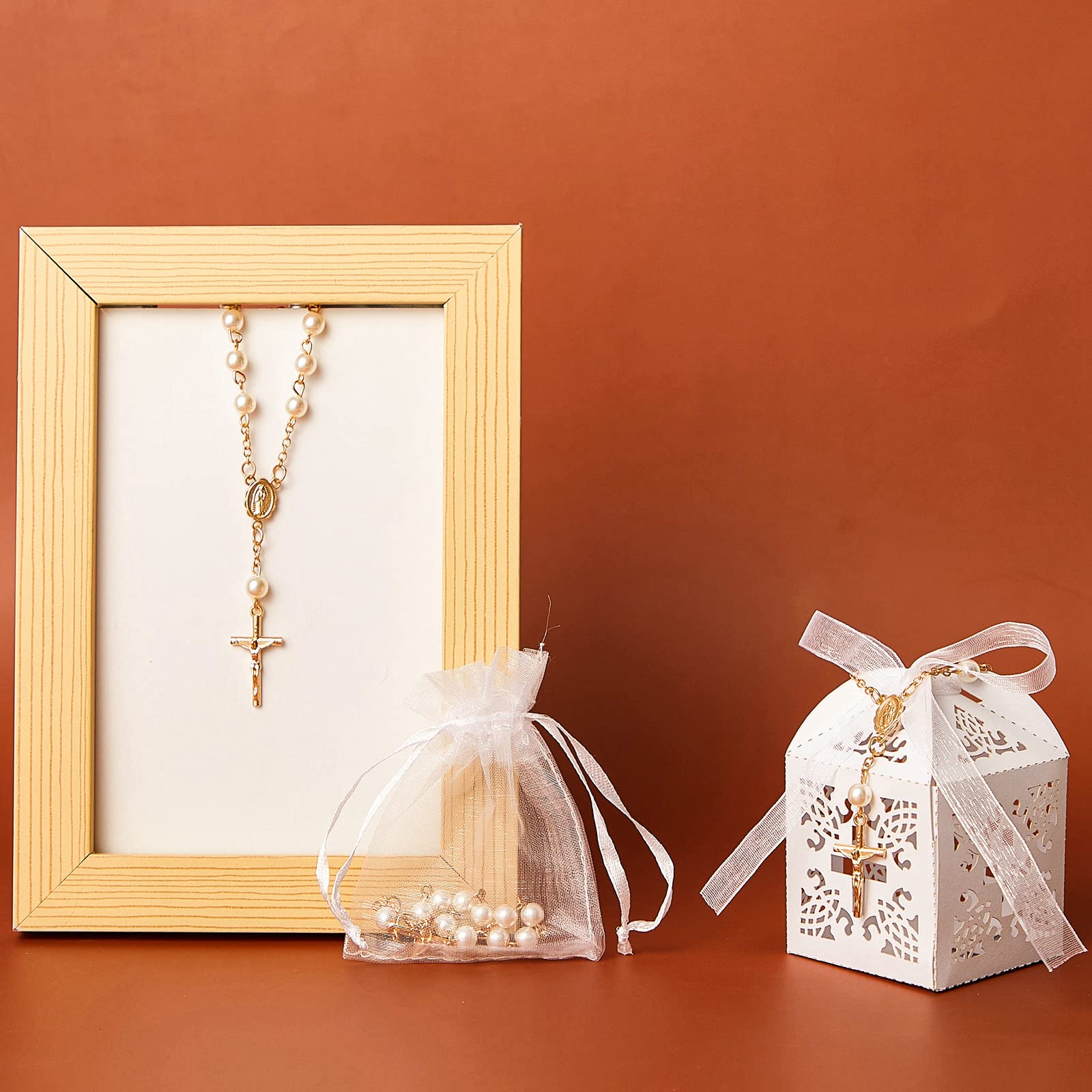 50 Pack Acrylic Rosary Beads with Faux Pearls - Baptism Favors Set with Organza Bags & Cross Favor Boxes - Perfect for Christening, Wedding Party Favors, First Communion Gifts & Religious Events (Gold Pearl Bracelet)
