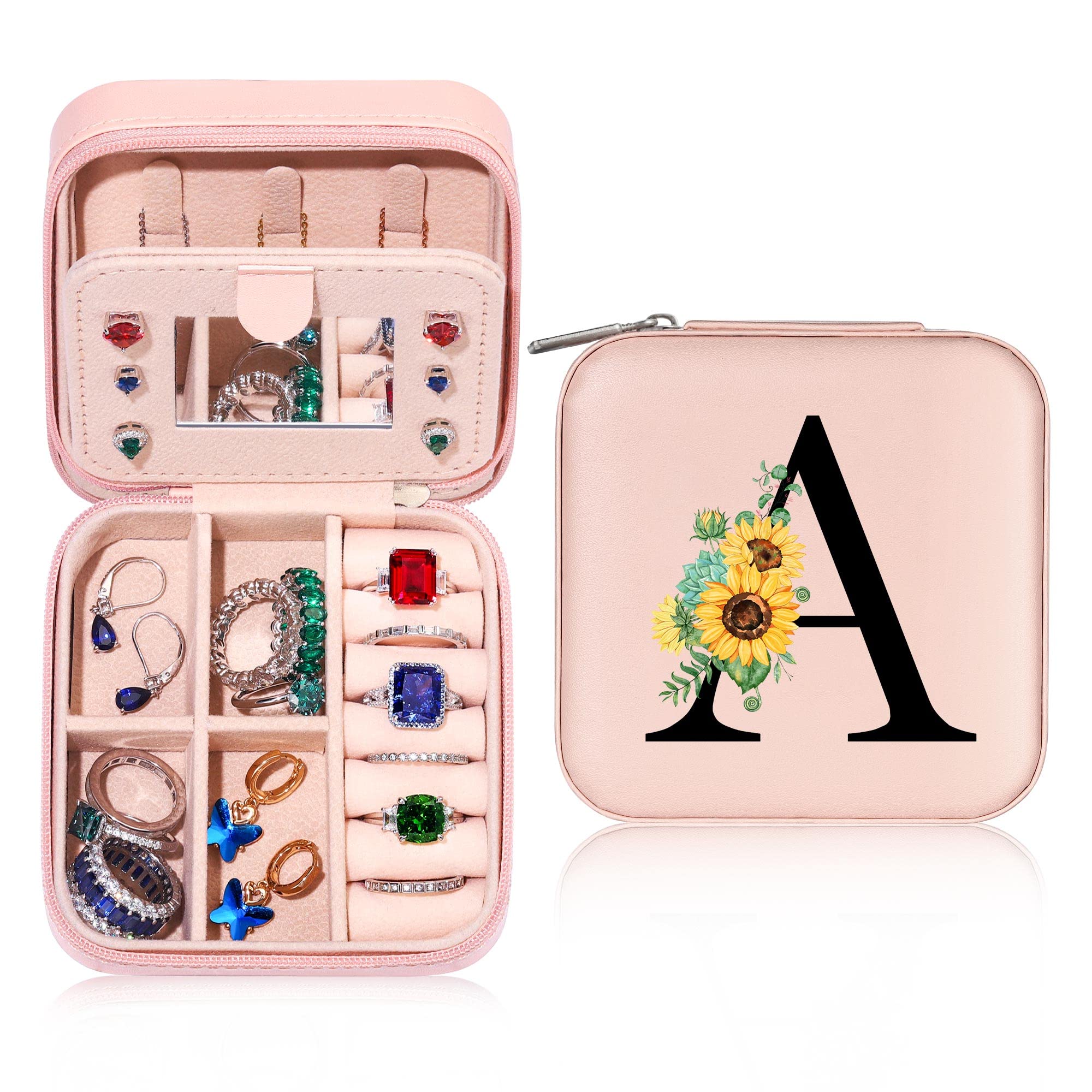 Pink Travel Jewelry Case for Women - Christmas & Birthday Gift for Girls - Letter A Design