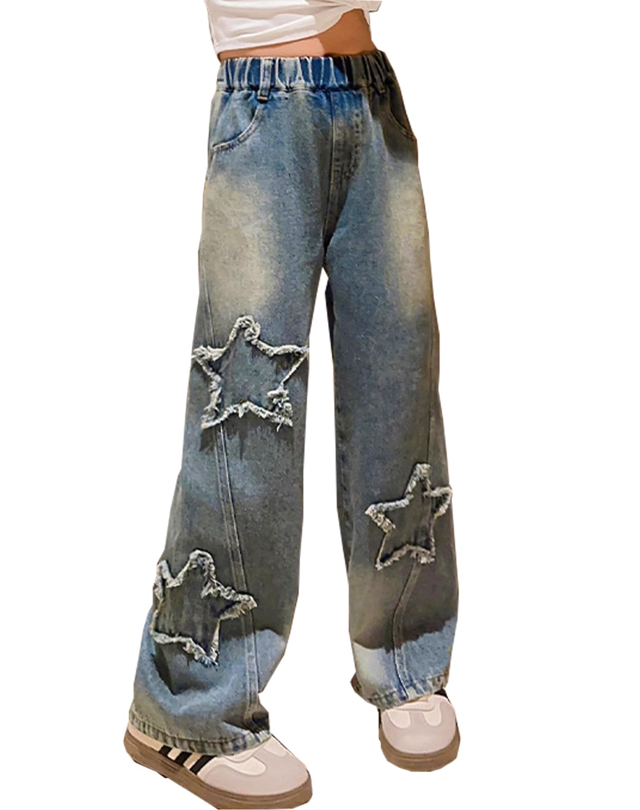 NABER Girls' Stretch Elastic Waist Ripped Jeans - Distressed Denim Wide Leg Pants for Kids Age 5-15 Years | Casual Wear, School Outfits & Playtime Fashion