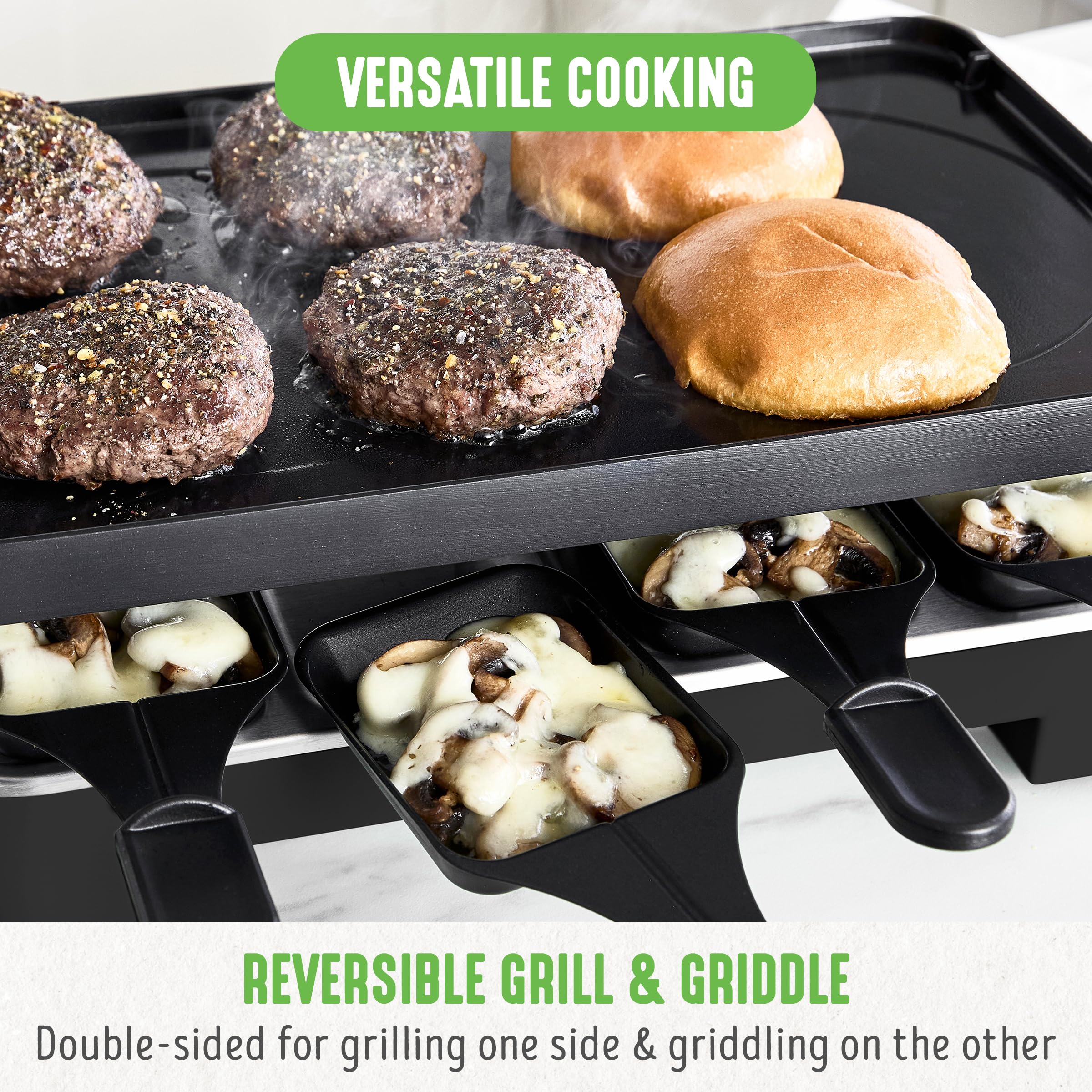 GreenLife Raclette Indoor Tabletop Grill - Healthy Ceramic Nonstick 2-in-1 Grill & Griddle with 8 Square Pans, Adjustable Temp Control & Indicator Light | PFAS-Free Black Electric Grill for Family Gatherings, Dinner Parties & Cozy Nights